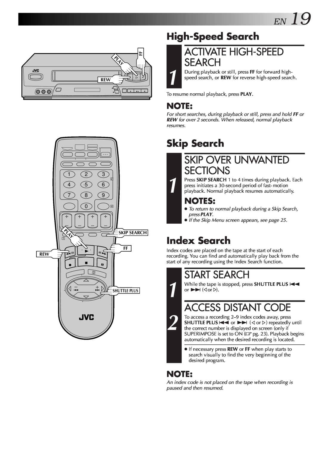 JVC HR-VP450U, HR-VP650U EN19, Activate High-Speed Search, Skip Over Unwanted Sections, Start Search, Access Distant Code 