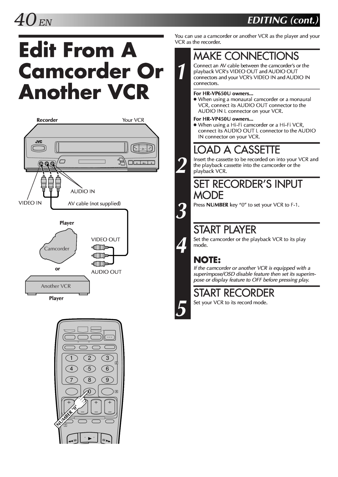 JVC HR-VP650U Edit From A Camcorder Or Another VCR, 40EN, Set Recorder’S Input Mode, EDITINGcont, Make Connections, Player 