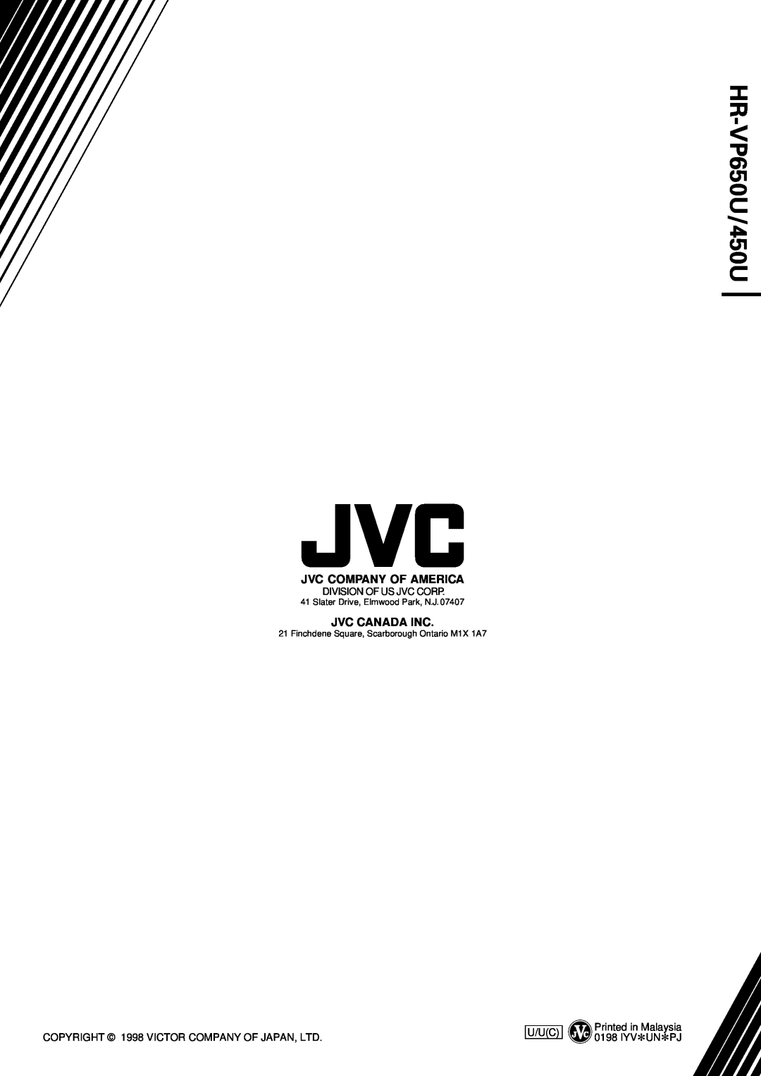 JVC HR-VP450U instruction manual HR-VP650U/450U, Jvc Company Of America, Jvc Canada Inc, Division Of Us Jvc Corp, U/Uc 