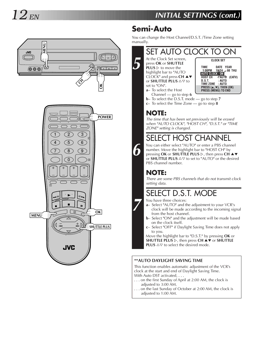 JVC HR-VP652U, HR-VP452U instruction manual SET Auto Clock to on, Select Host Channel, Select D.S.T. Mode, Semi-Auto 