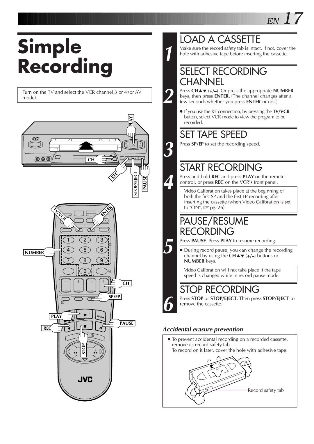 JVC HR-VP652U, HR-VP452U instruction manual Simple Recording 