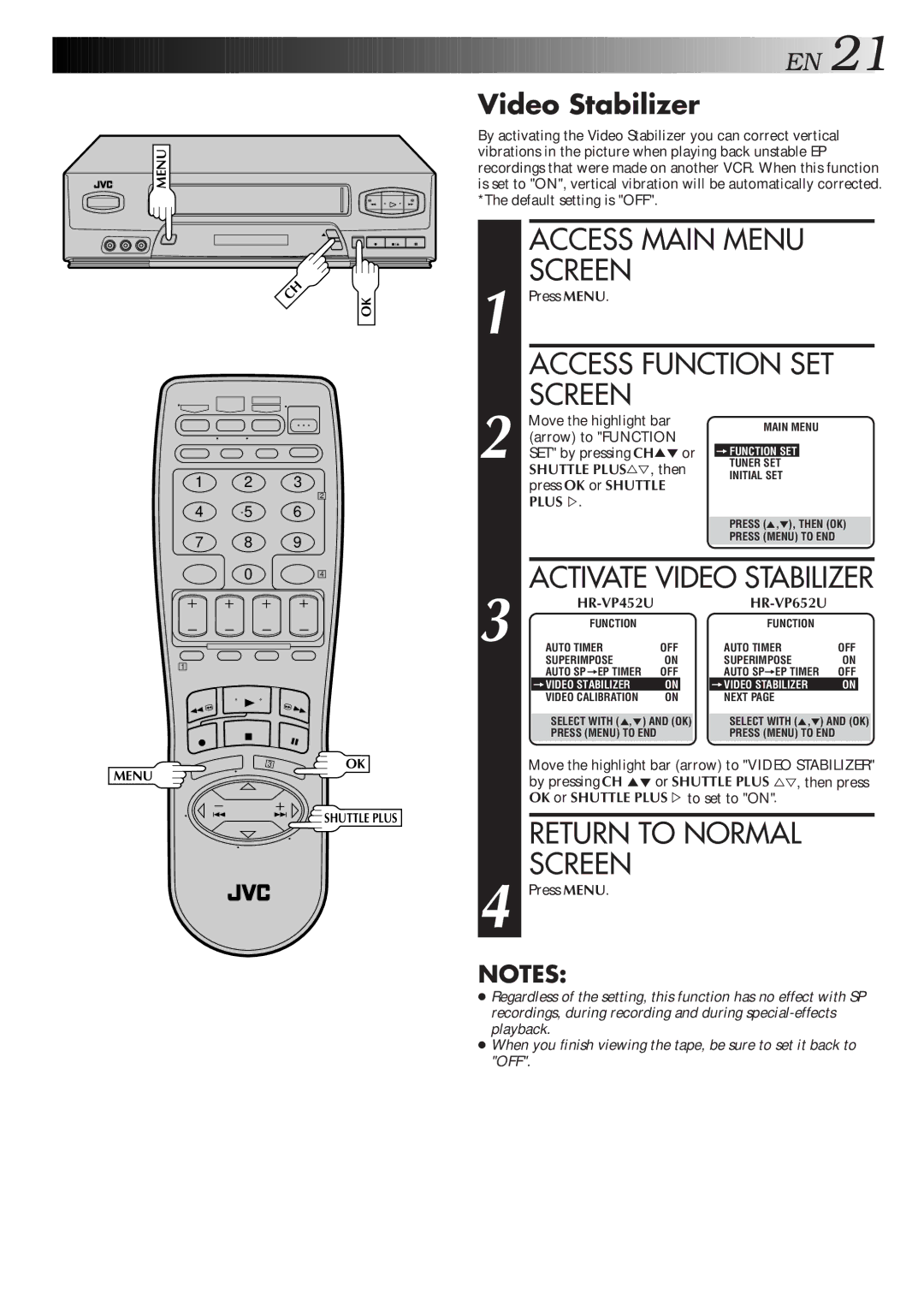 JVC HR-VP652U, HR-VP452U instruction manual Video Stabilizer 