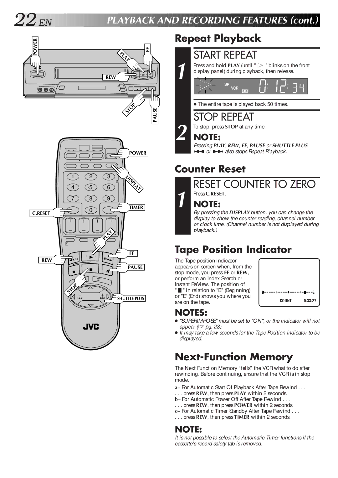 JVC HR-VP652U, HR-VP452U instruction manual Start Repeat, Stop Repeat, EN P Layback and Recording Features 