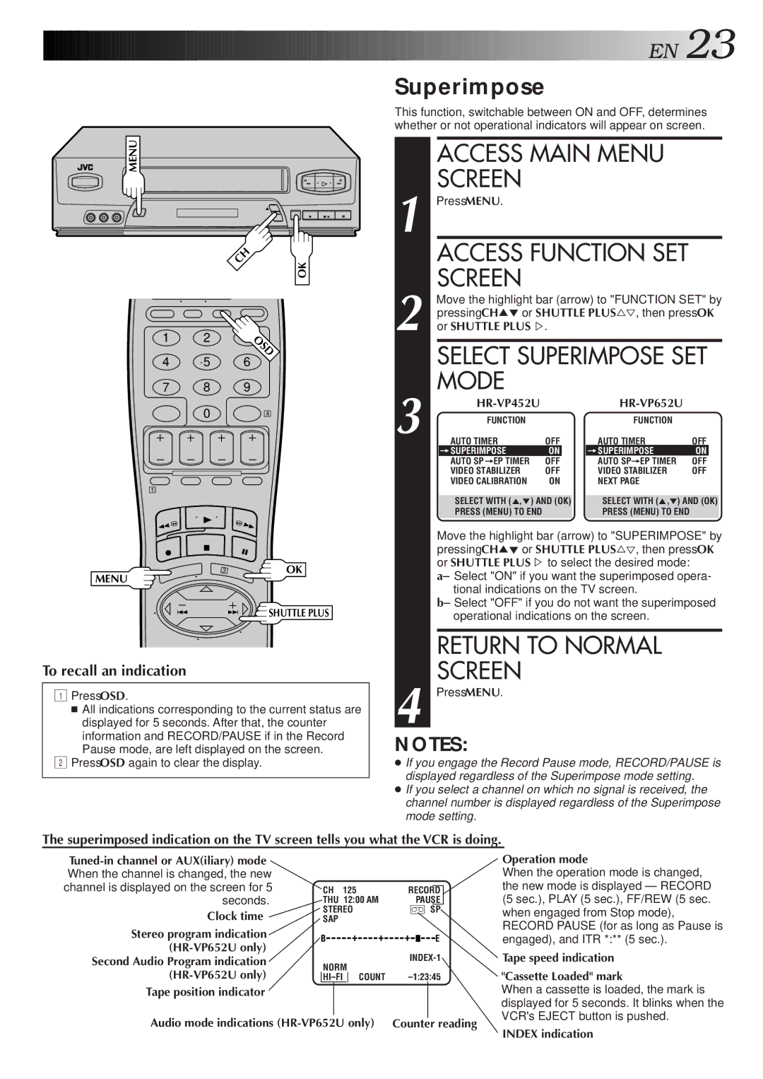 JVC HR-VP652U, HR-VP452U instruction manual Mode, Superimpose 