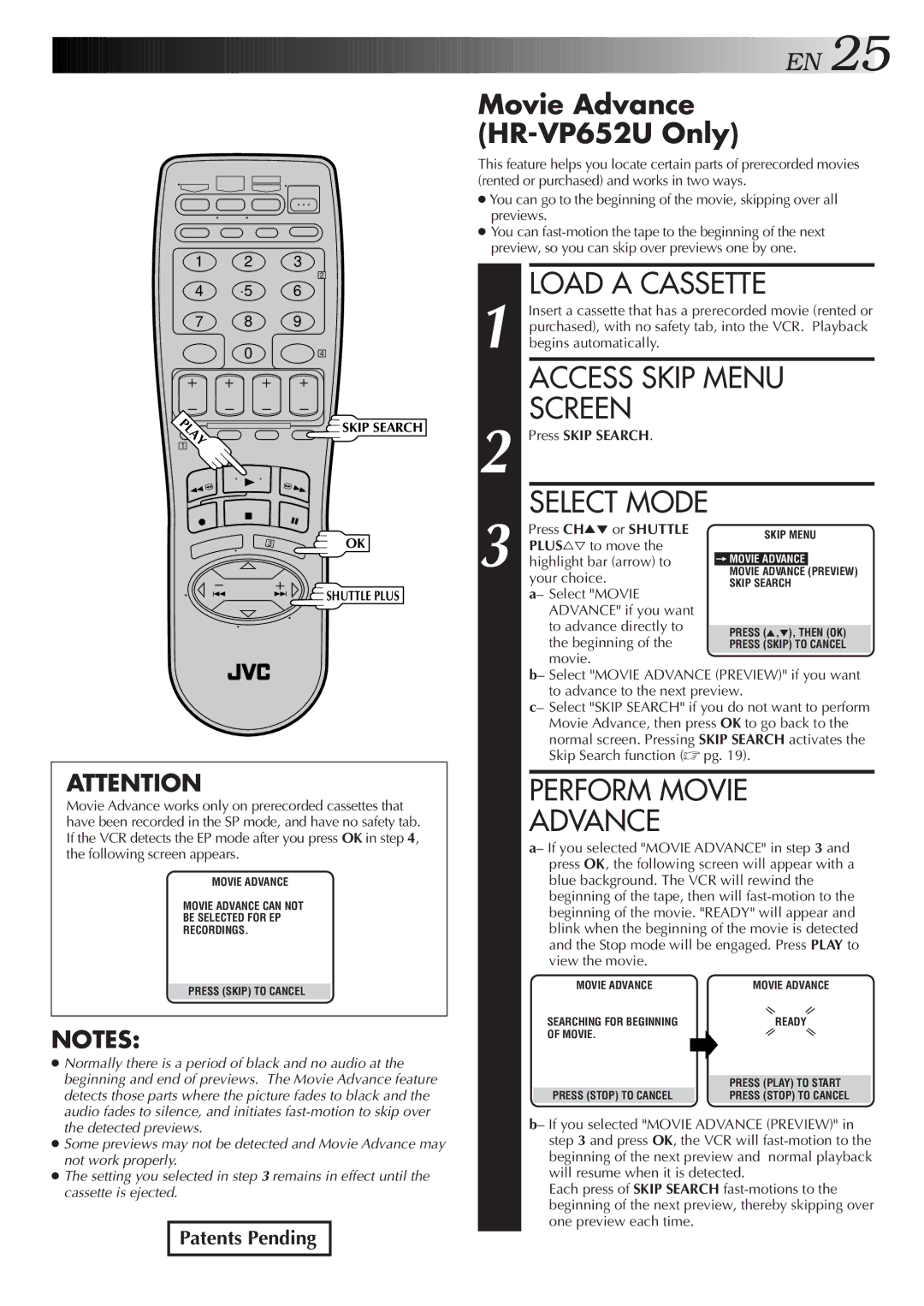 JVC HR-VP652U, HR-VP452U Access Skip Menu Screen, Select Mode, Perform Movie Advance, Movie Advance HR-VP652U Only 