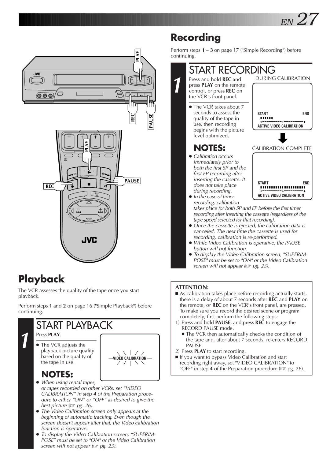 JVC HR-VP652U, HR-VP452U instruction manual Playback, Recording 