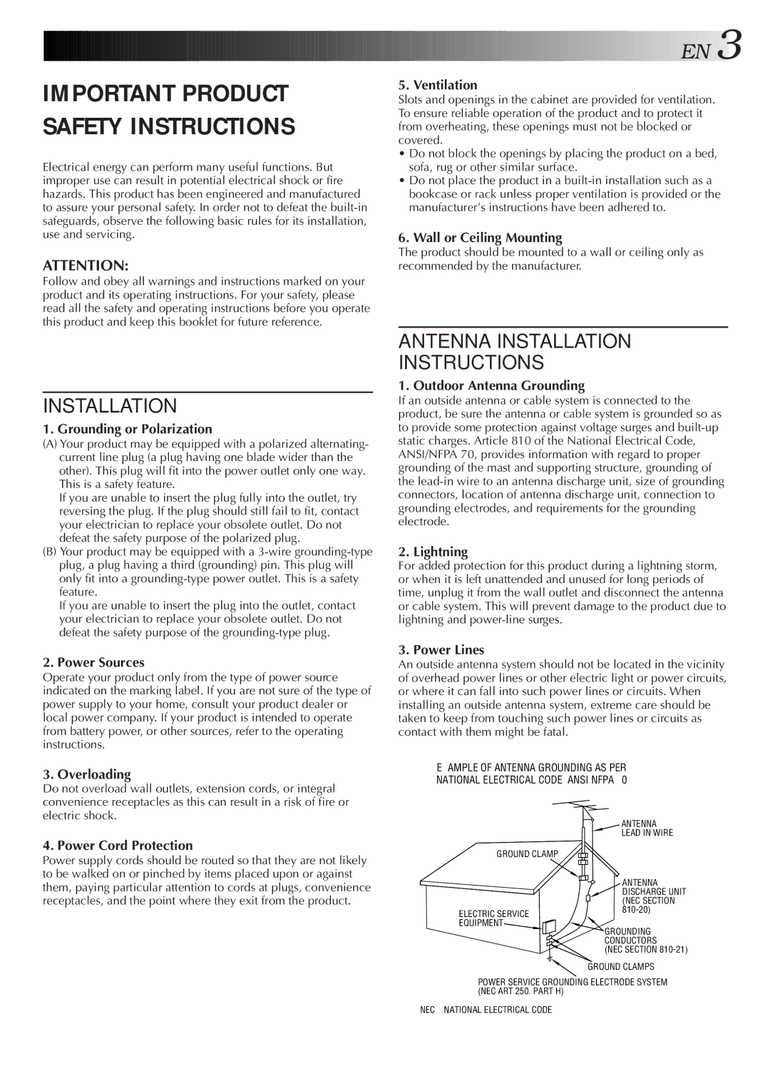 JVC HR-VP652U, HR-VP452U Grounding or Polarization, Power Sources, Overloading, Power Cord Protection, Ventilation 