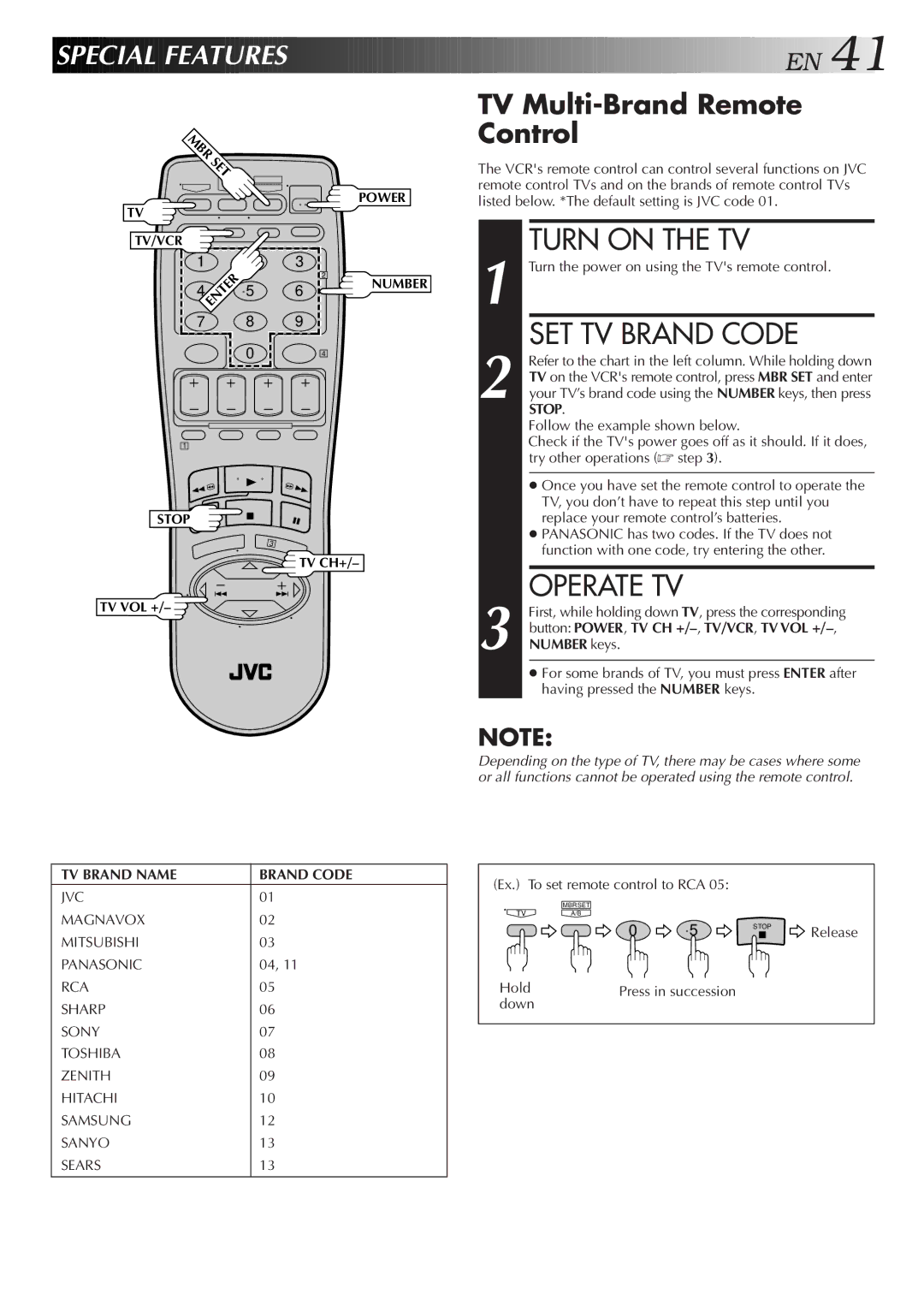 JVC HR-VP652U, HR-VP452U Turn on the TV, SET TV Brand Code, Operate TV, Special Features, TV Multi-Brand Remote Control 