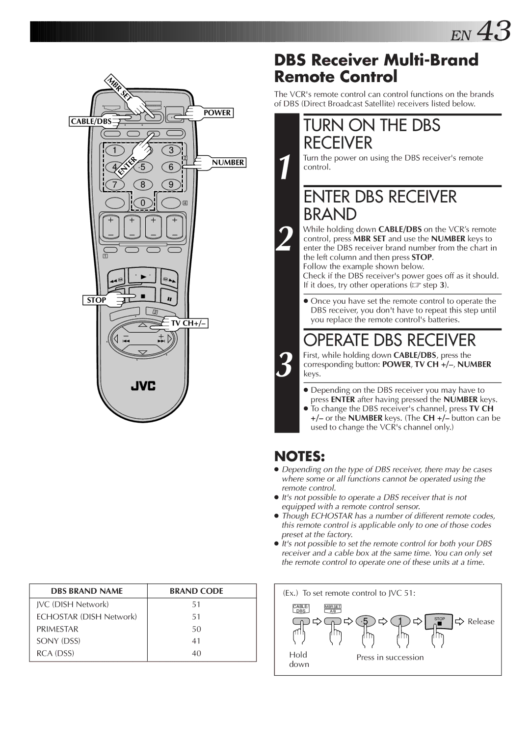 JVC HR-VP652U, HR-VP452U instruction manual Turn on the DBS Receiver, Enter DBS Receiver Brand, Operate DBS Receiver 