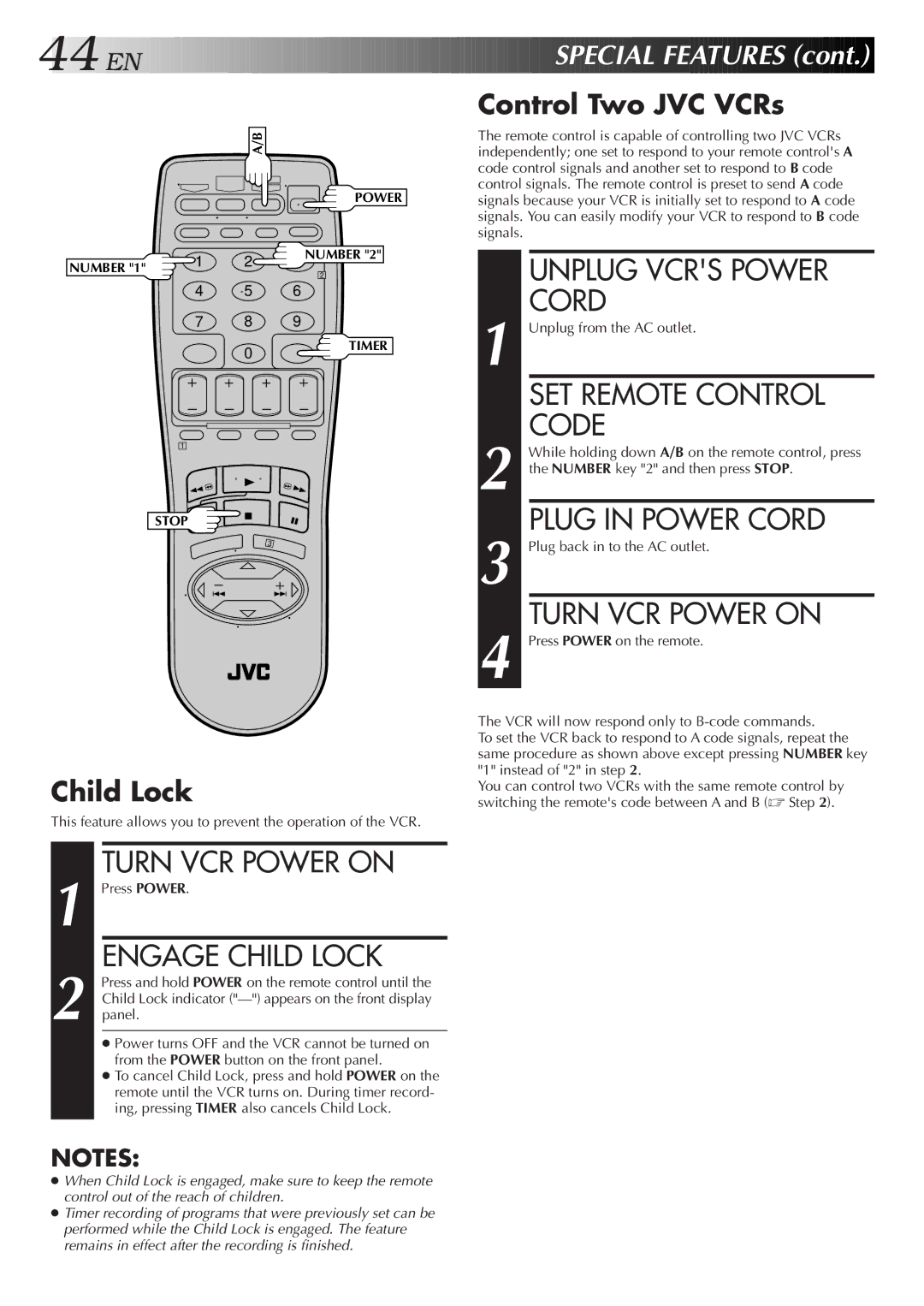 JVC HR-VP652U, HR-VP452U Unplug Vcrs Power, SET Remote Control, Code, Plug in Power Cord, Turn VCR Power on 