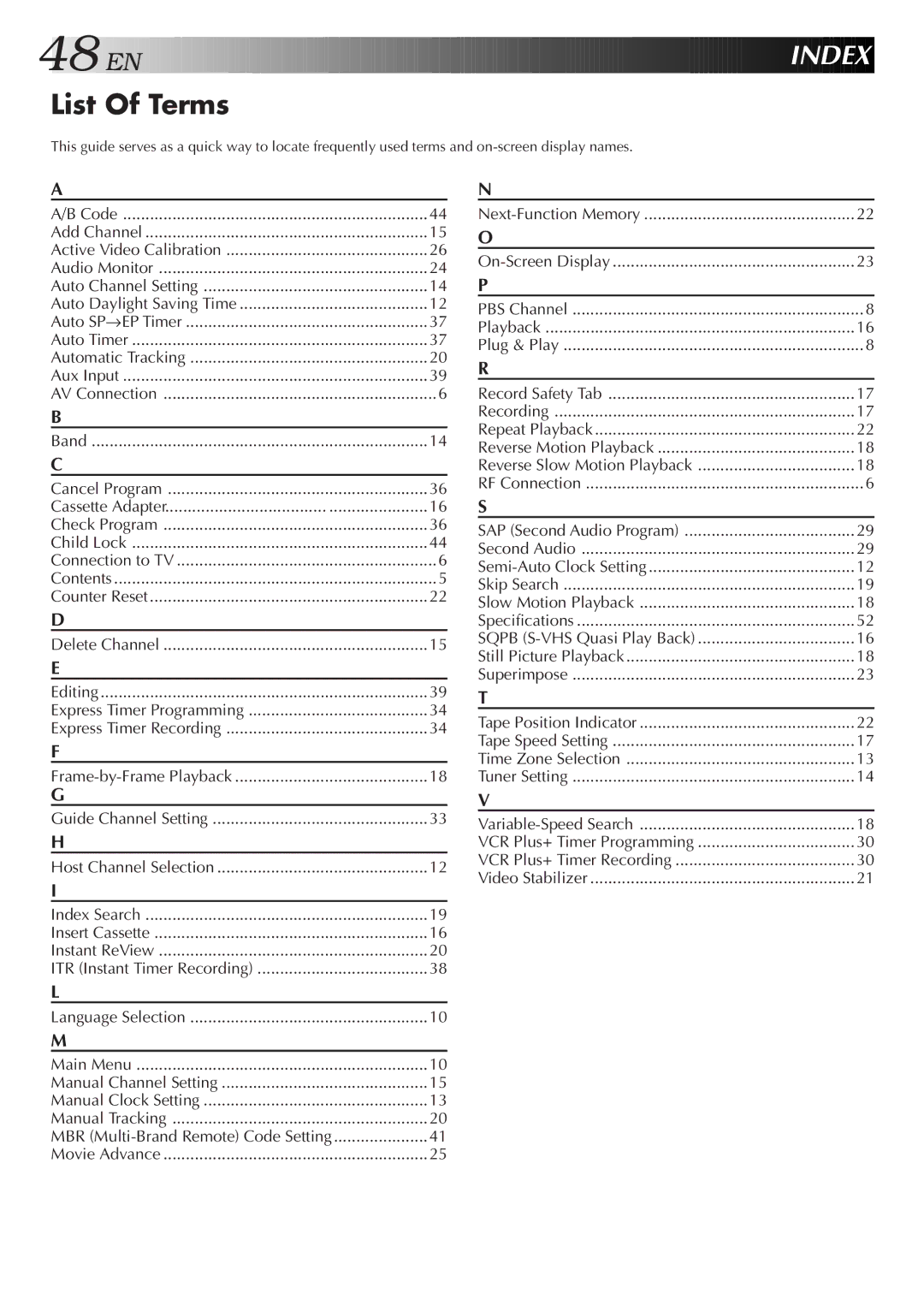 JVC HR-VP652U, HR-VP452U List Of Terms, Index, Express Timer Programming, MBR Multi-Brand Remote Code Setting 