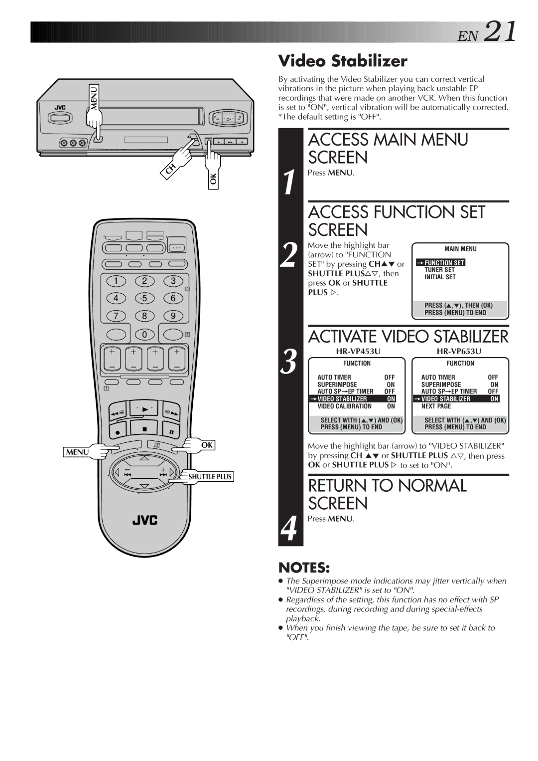 JVC HR-VP453U, HR-VP653U instruction manual Video Stabilizer 