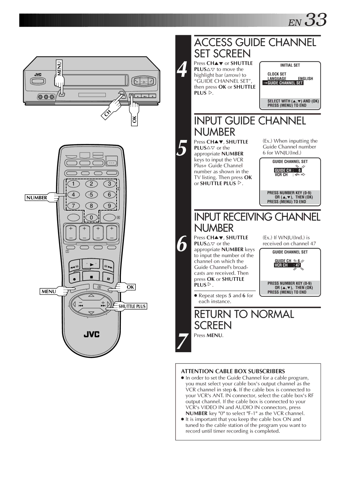 JVC HR-VP453U, HR-VP653U instruction manual Access Guide Channel SET Screen, Input Guide Channel, Press CH5, Shuttle 