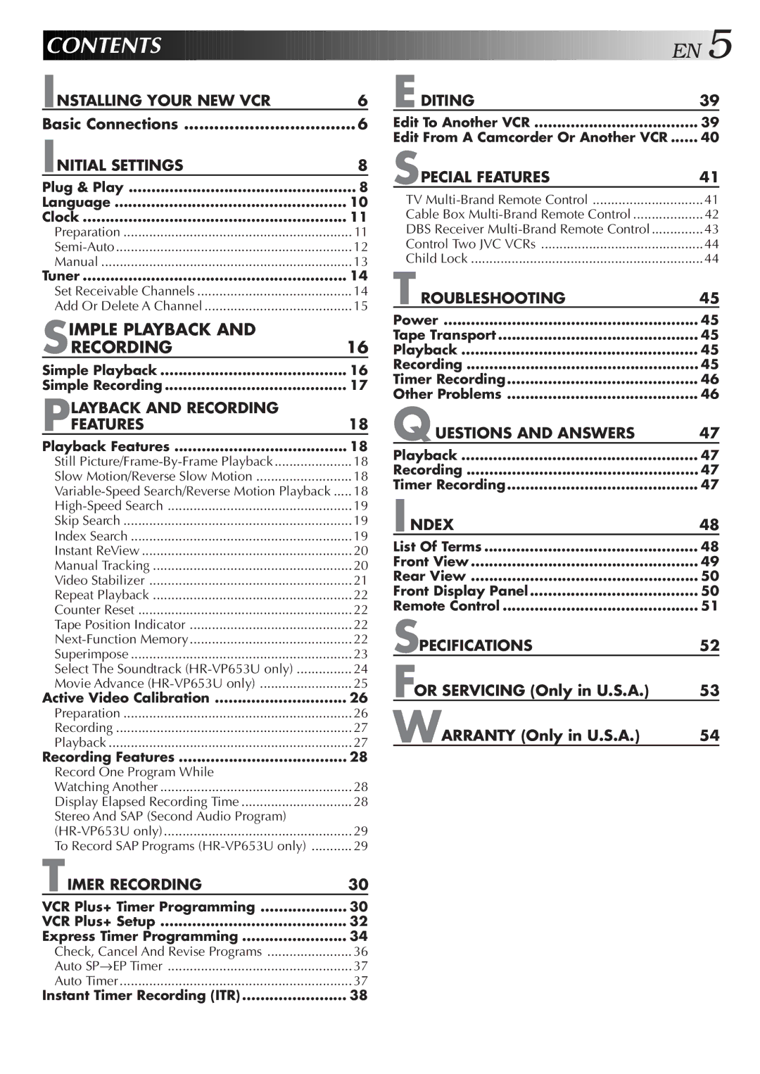 JVC HR-VP453U, HR-VP653U instruction manual Contents 