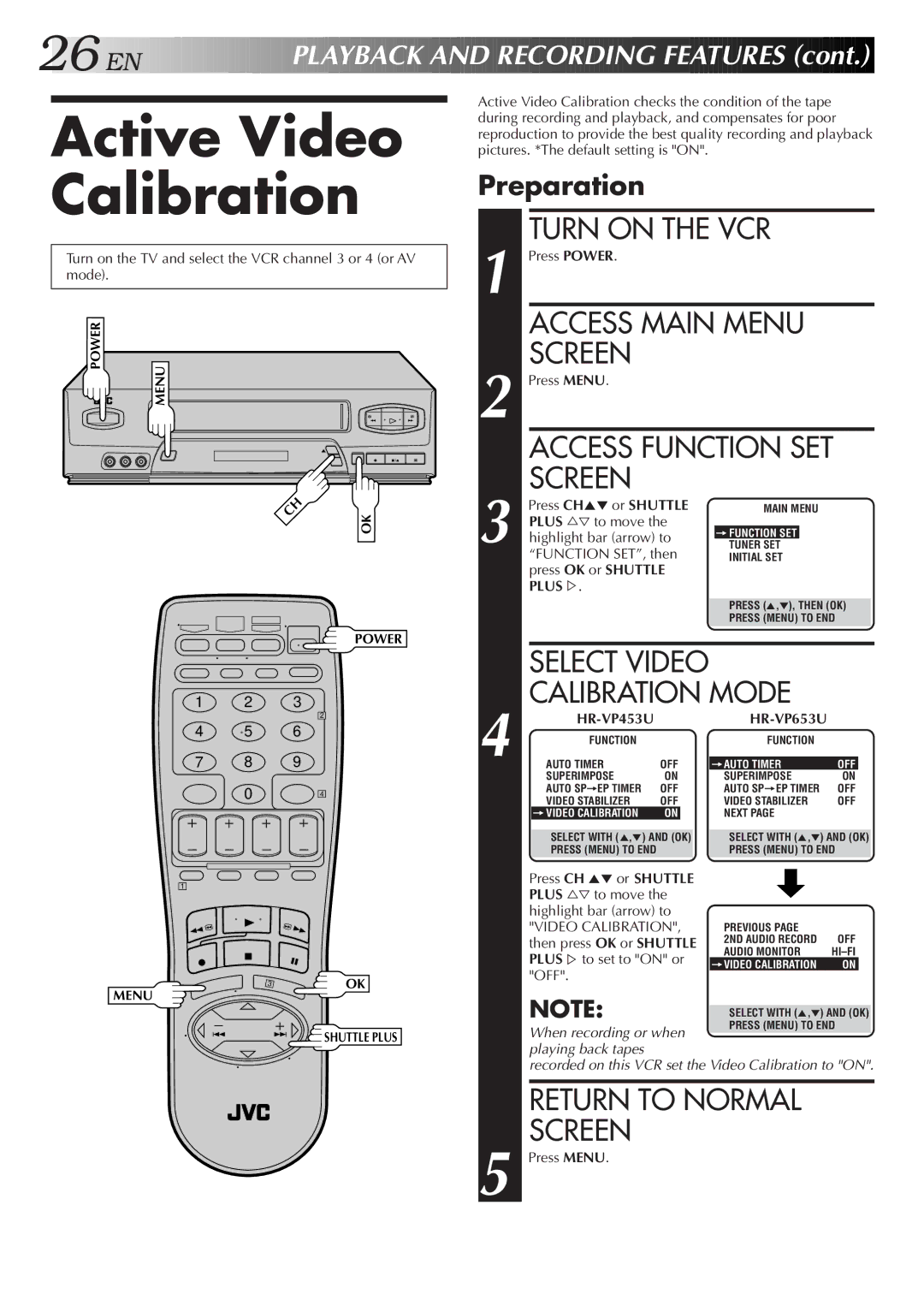 JVC HR-VP653U, HR-VP453U instruction manual Active Video Calibration 