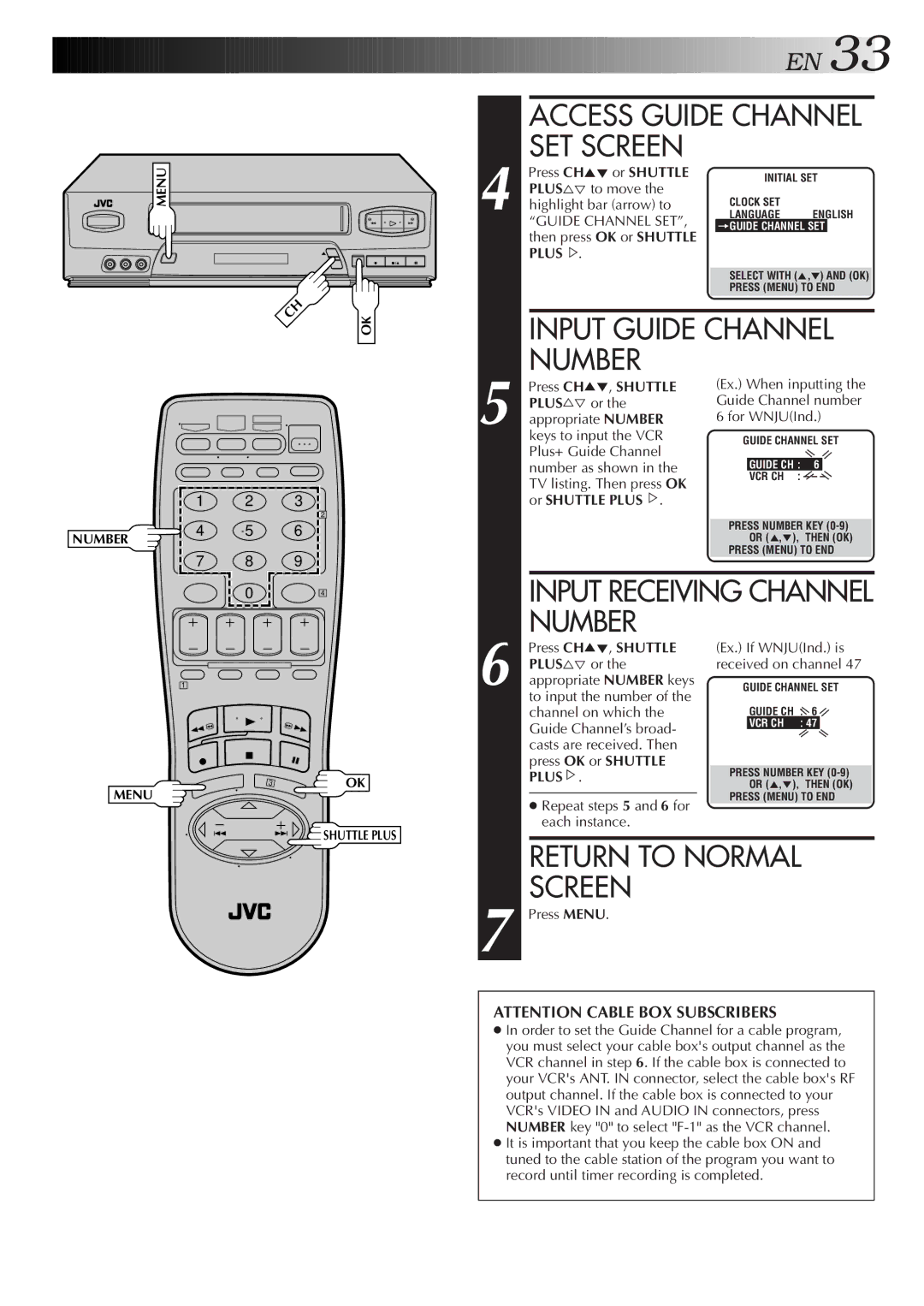 JVC HR-VP653U, HR-VP453U instruction manual Access Guide Channel SET Screen, Input Guide Channel, Press CH5, Shuttle 