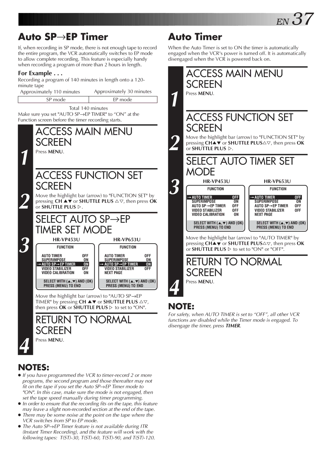 JVC HR-VP653U, HR-VP453U instruction manual Auto SP→EP Timer, Auto Timer, Move the highlight bar arrow to Function SET by 