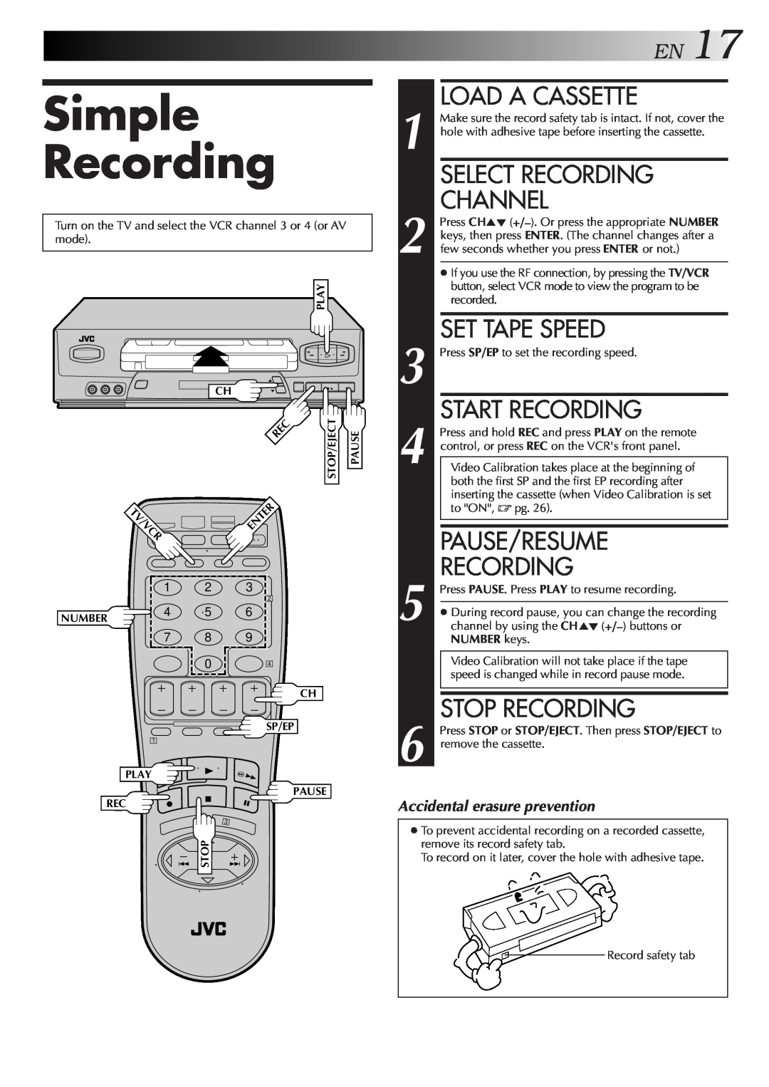 JVC HR-VP453U Simple Recording, EN17, Select Recording, Set Tape Speed, Start Recording, Pause/Resume, Stop Recording 