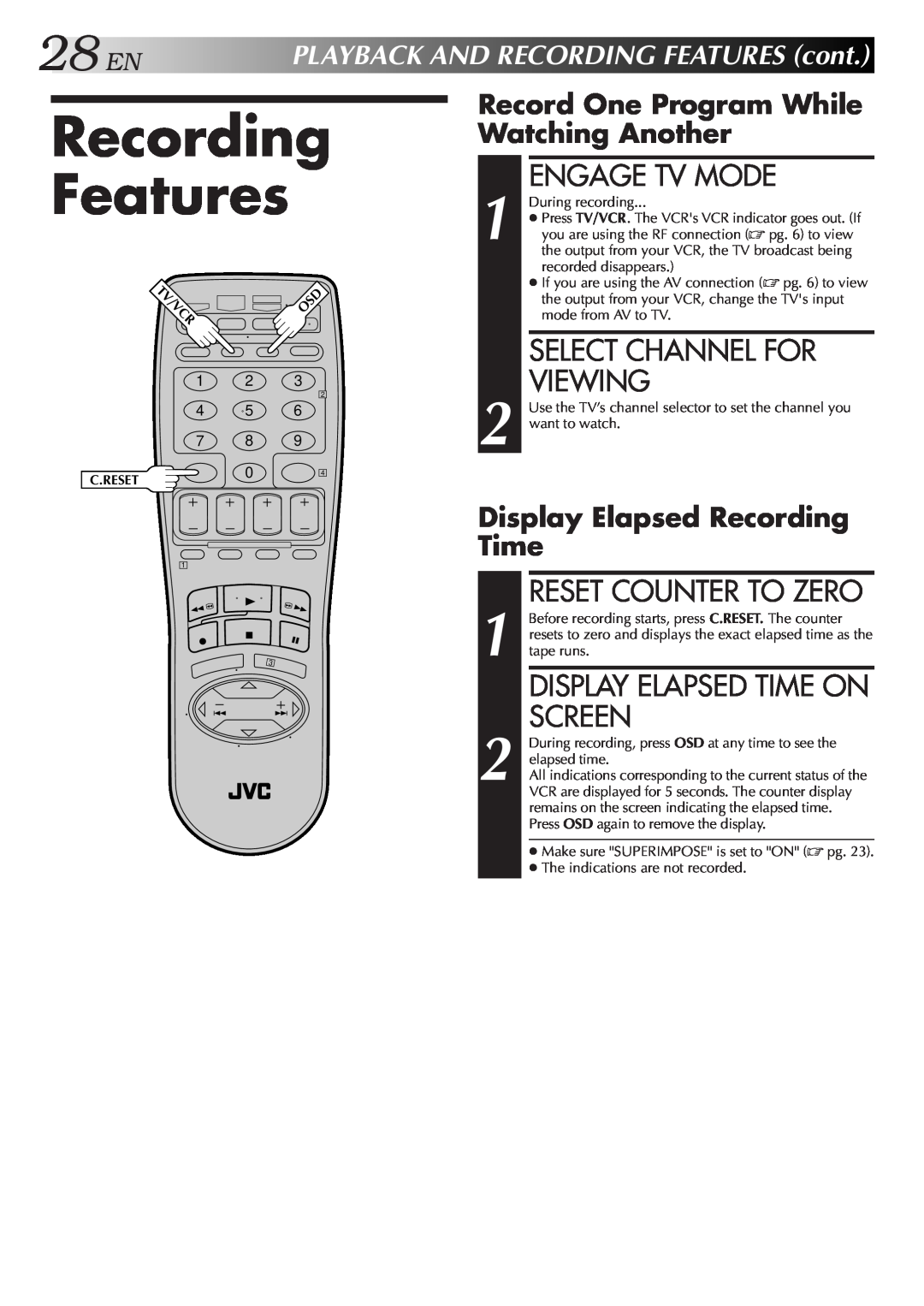 JVC HR-VP653U Recording Features, 28EN, Engage Tv Mode, Select Channel For Viewing, Reset Counter To Zero, V/V Cr 
