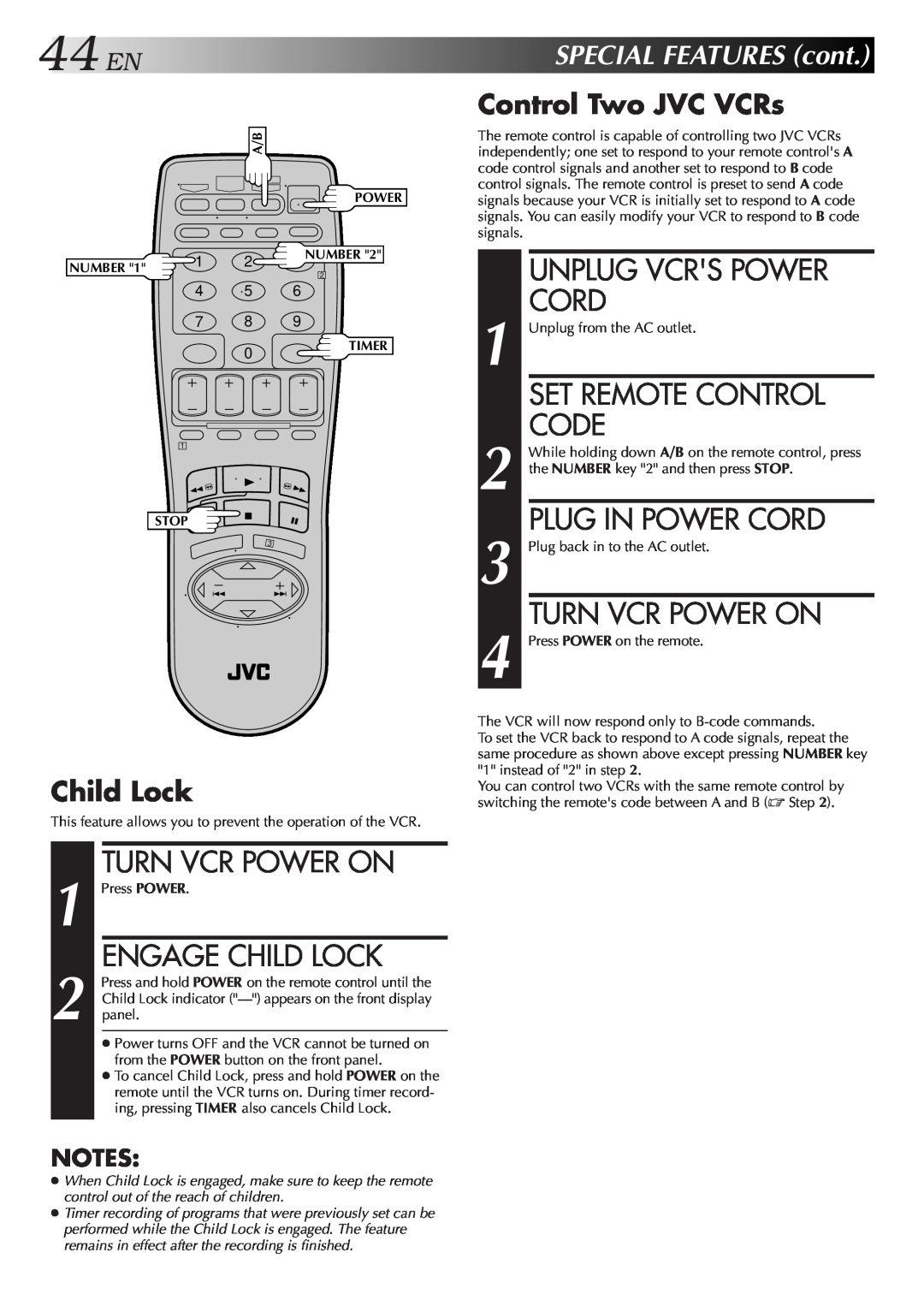 JVC HR-VP653U Unplug Vcrs Power, Set Remote Control, Code, Plug In Power Cord, Turn Vcr Power On, Engage Child Lock 