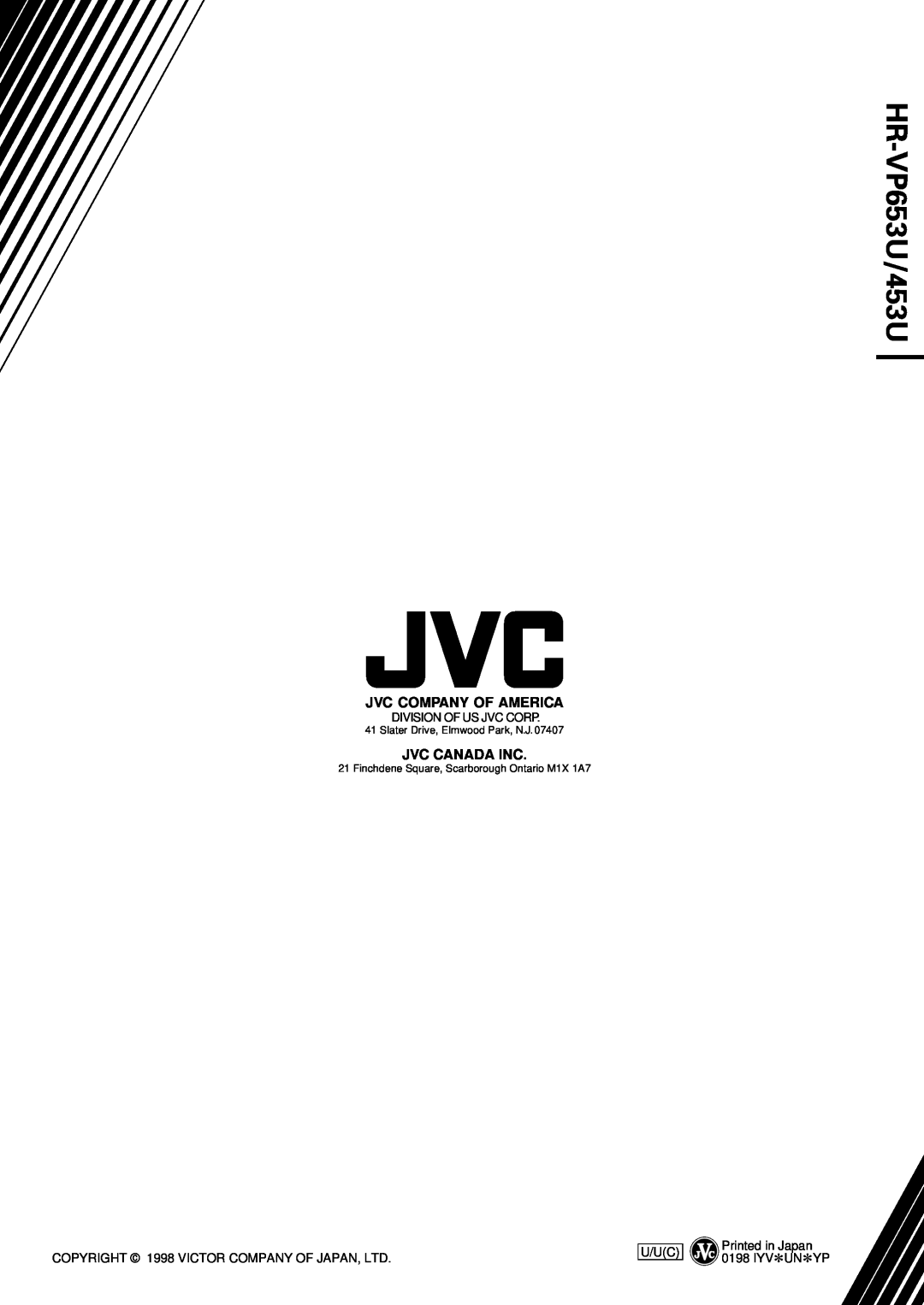 JVC HR-VP453U instruction manual HR-VP653U/453U, Jvc Company Of America, Jvc Canada Inc, Division Of Us Jvc Corp, U/Uc 