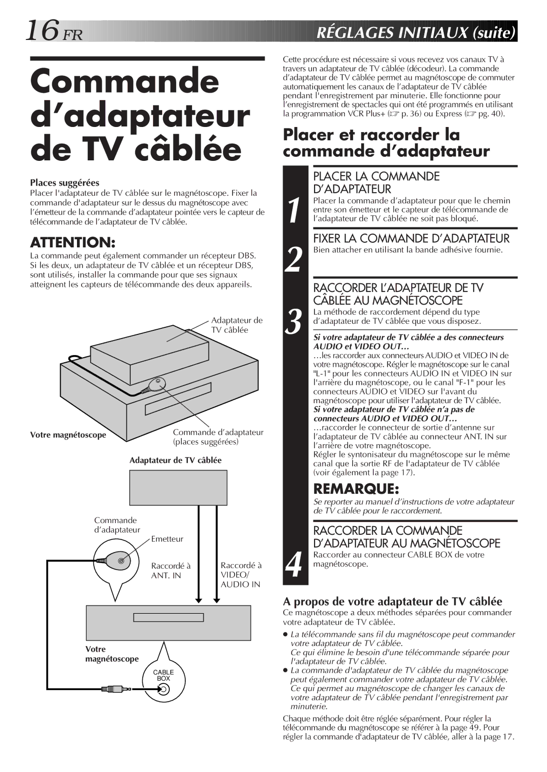 JVC HR-VP654U manual Commande d’adaptateur de TV câblée, Placer et raccorder la commande d’adaptateur, Places suggérées 