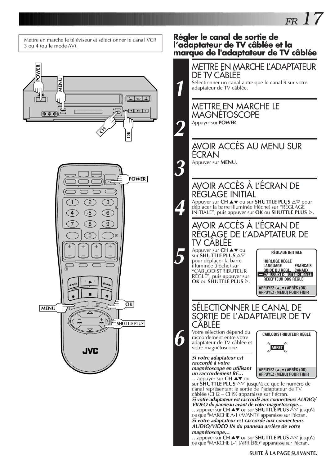 JVC HR-VP654U Mettre EN Marche L’ADAPTATEUR DE TV Câblée, Mettre EN Marche LE Magnétoscope, Avoir Accès AU Menu SUR, Écran 