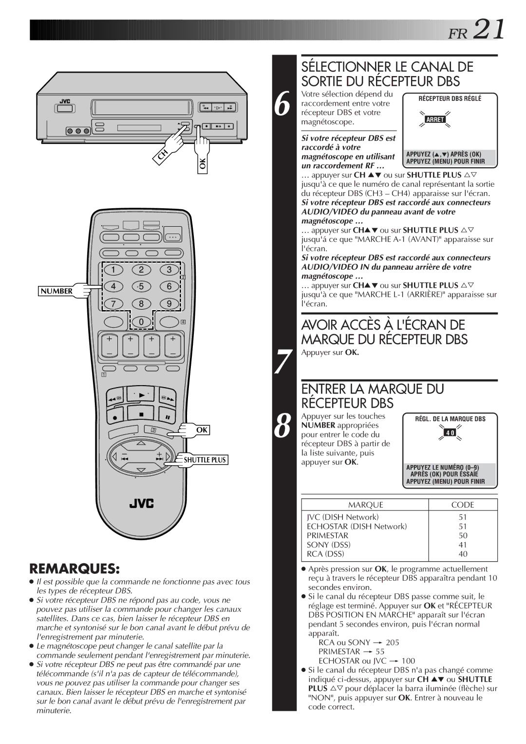 JVC HR-VP654U manual Sélectionner LE Canal DE Sortie DU Récepteur DBS, Entrer LA Marque DU Récepteur DBS 