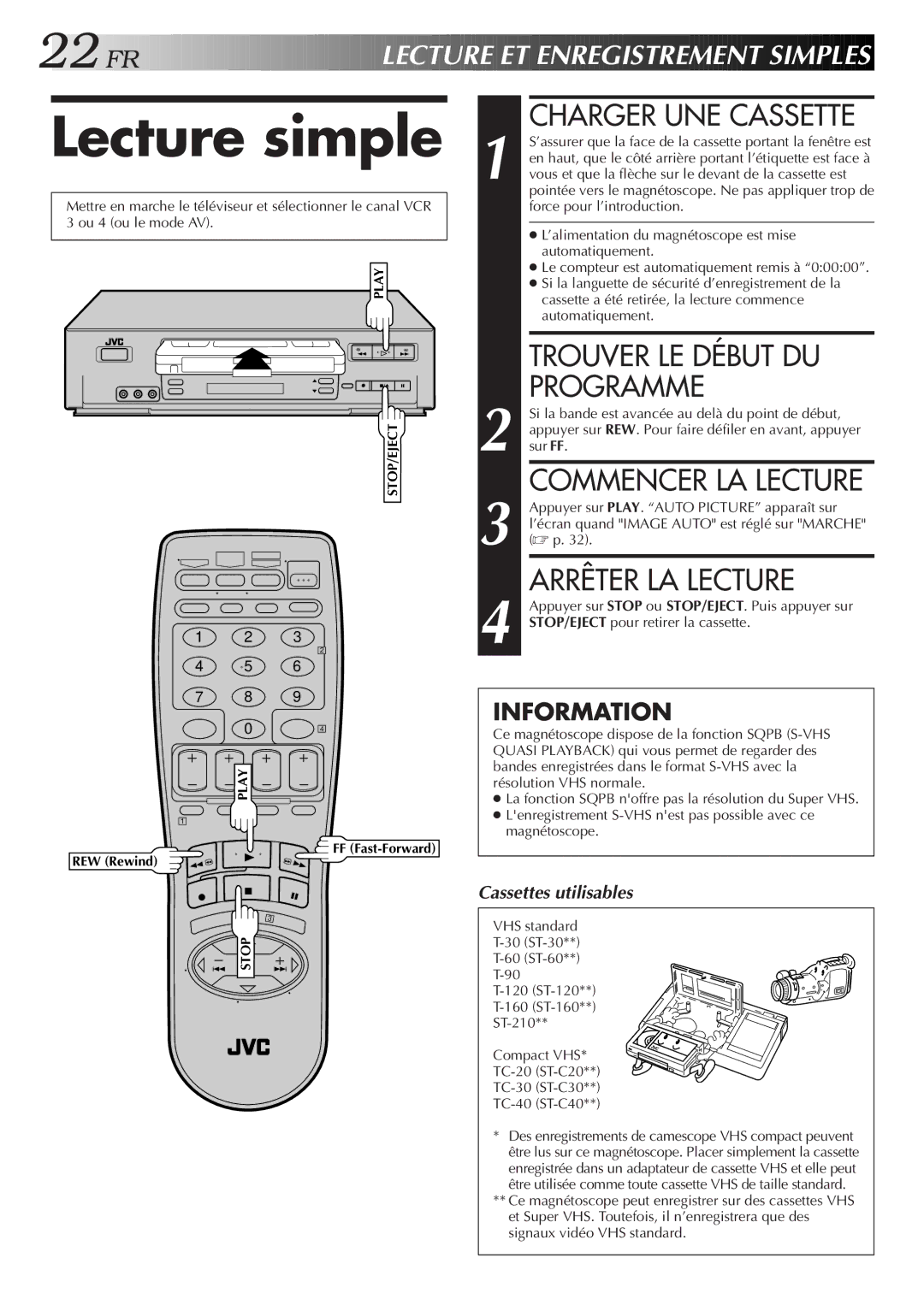 JVC HR-VP654U manual Lecture simple, Charger UNE Cassette, Trouver LE Début DU Programme, Commencer LA Lecture 