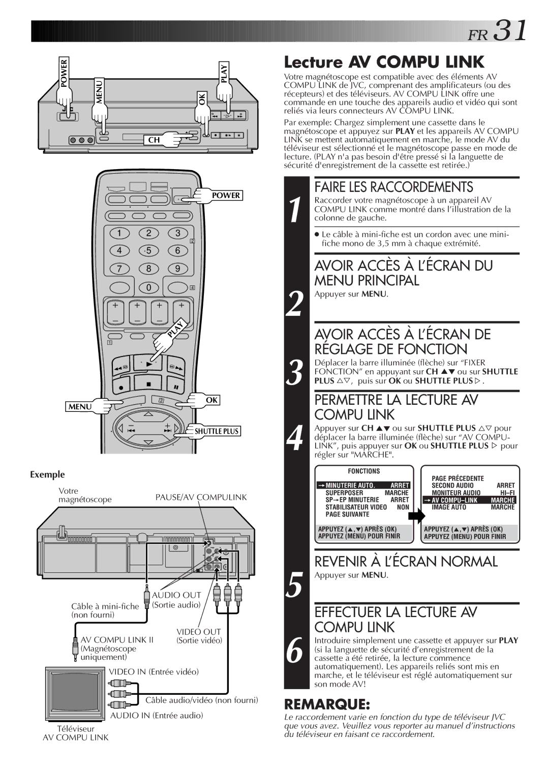 JVC HR-VP654U manual Lecture AV Compu Link, Avoir Accès À L’ÉCRAN DU, Exemple, Plus %Þ , puis sur OK ou Shuttle Plus % 