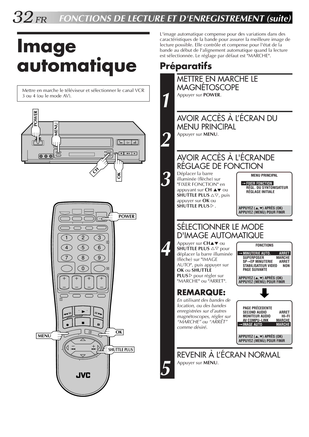 JVC HR-VP654U manual Image automatique, Sélectionner LE Mode Dimage Automatique, OK ou Shuttle 