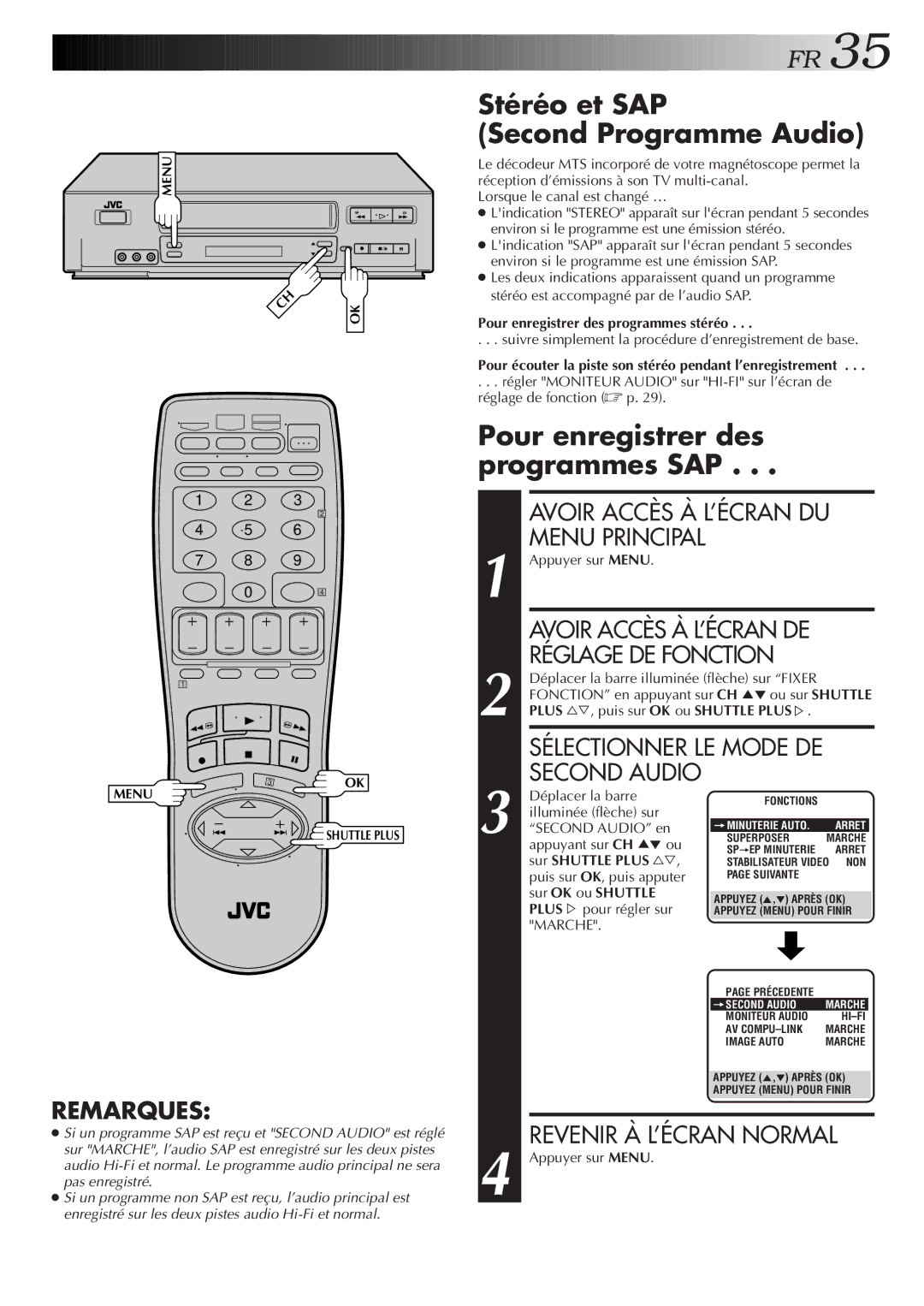 JVC HR-VP654U manual Stéréo et SAP Second Programme Audio, Pour enregistrer des programmes SAP, Second Audio 