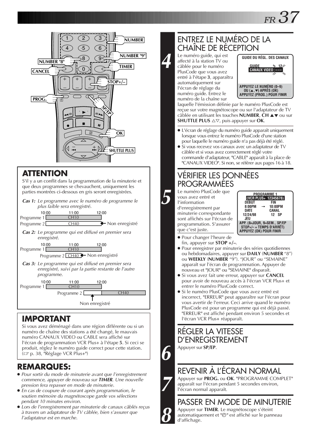 JVC HR-VP654U manual Entrez LE Numéro DE LA Chaîne DE Réception 