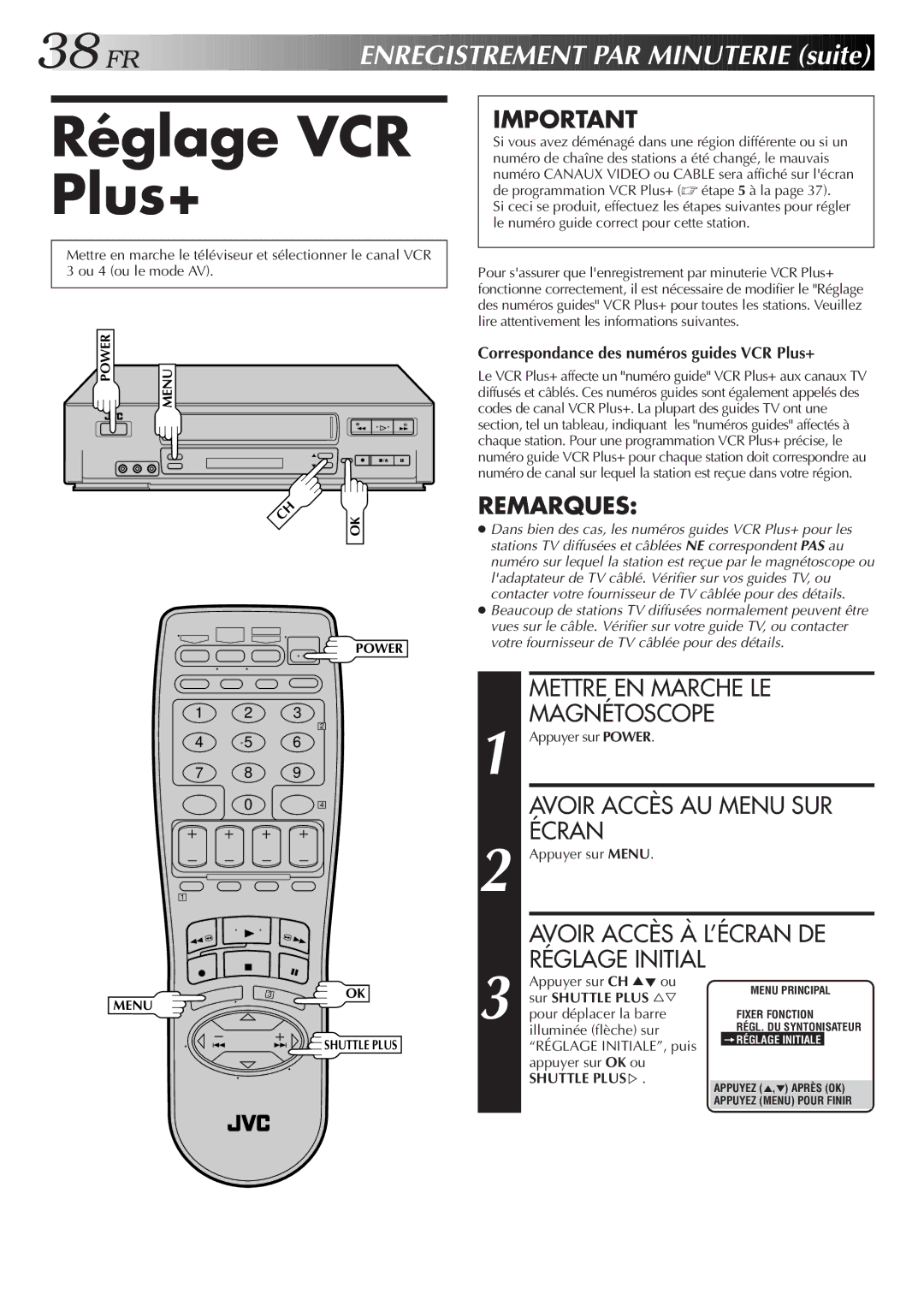 JVC HR-VP654U manual Réglage VCR Plus+, Registrement PAR Minuterie suite, Avoir Accès AU Menu SUR Écran 