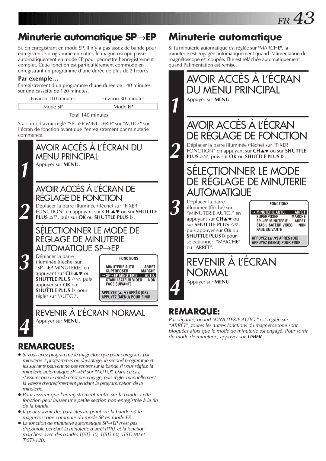 JVC HR-VP654U manual Minuterie automatique SP→EP, Avoir Accès À L’ÉCRAN DU Menu Principal 