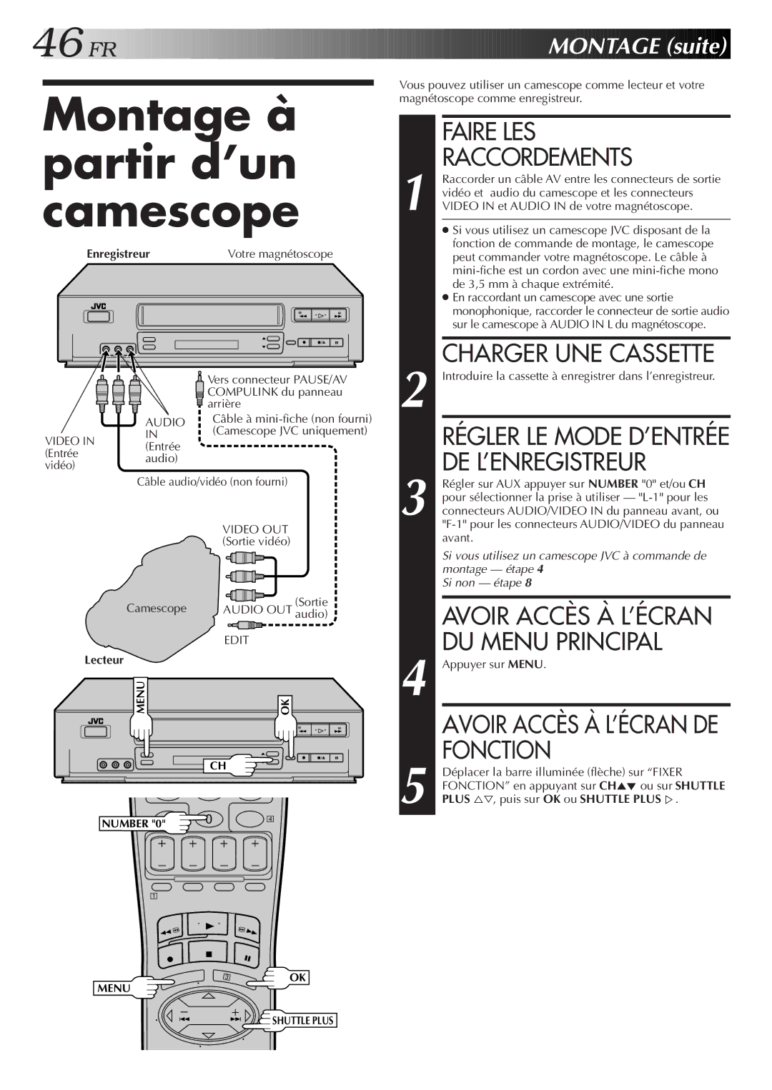 JVC HR-VP654U manual Montage à partir d’un camescope, Faire LES, De L’Enregistreur, Fonction, Montage suite 