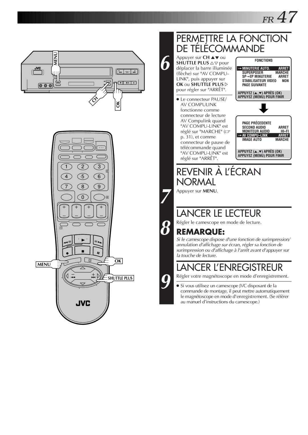 JVC HR-VP654U manual Permettre LA Fonction DE Télécommande, Réglé sur Arrêt, Régler le camescope en mode de lecture 