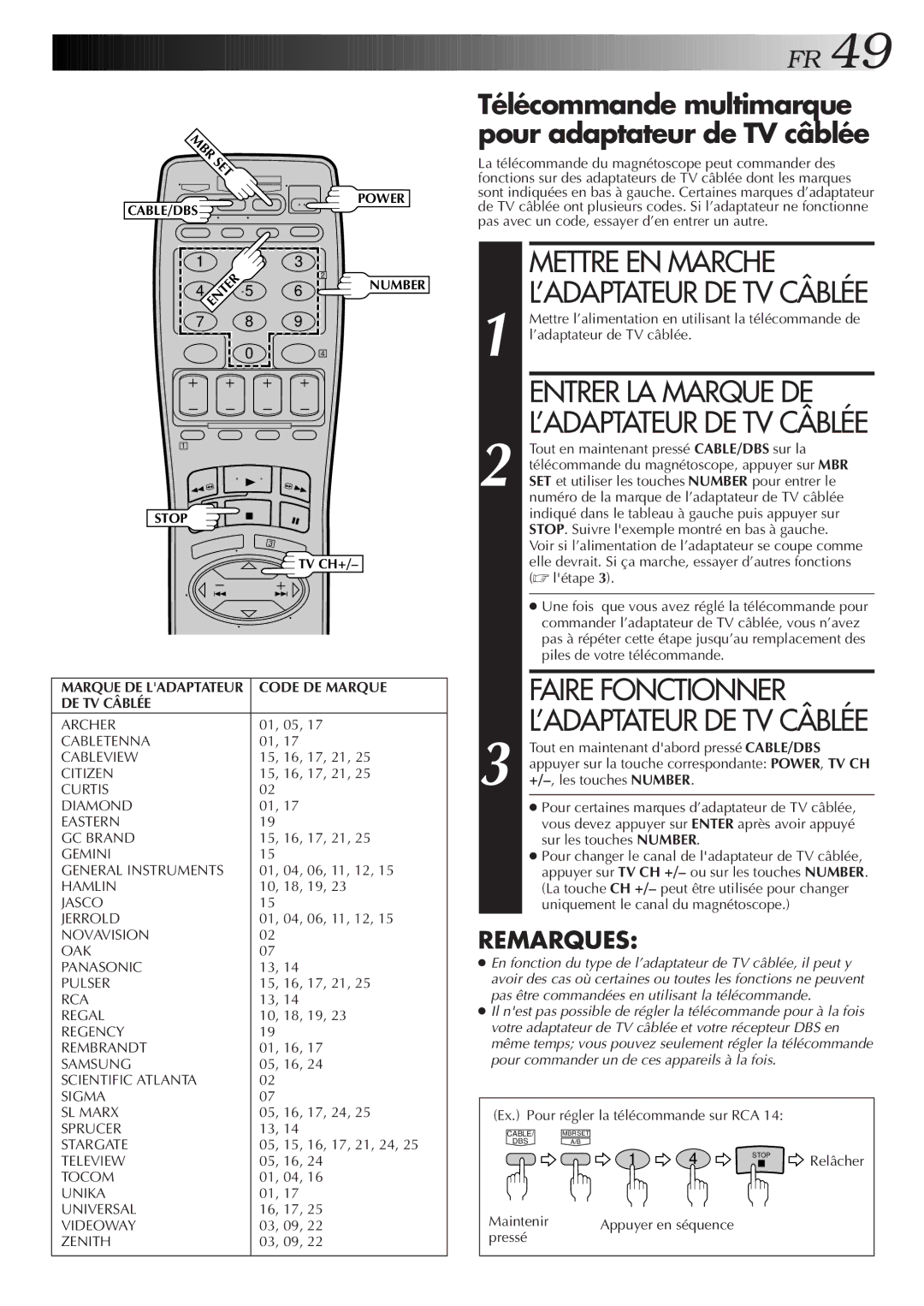 JVC HR-VP654U manual Mettre EN Marche, Entrer LA Marque DE, Faire Fonctionner, ’ADAPTATEUR DE TV Câblée 