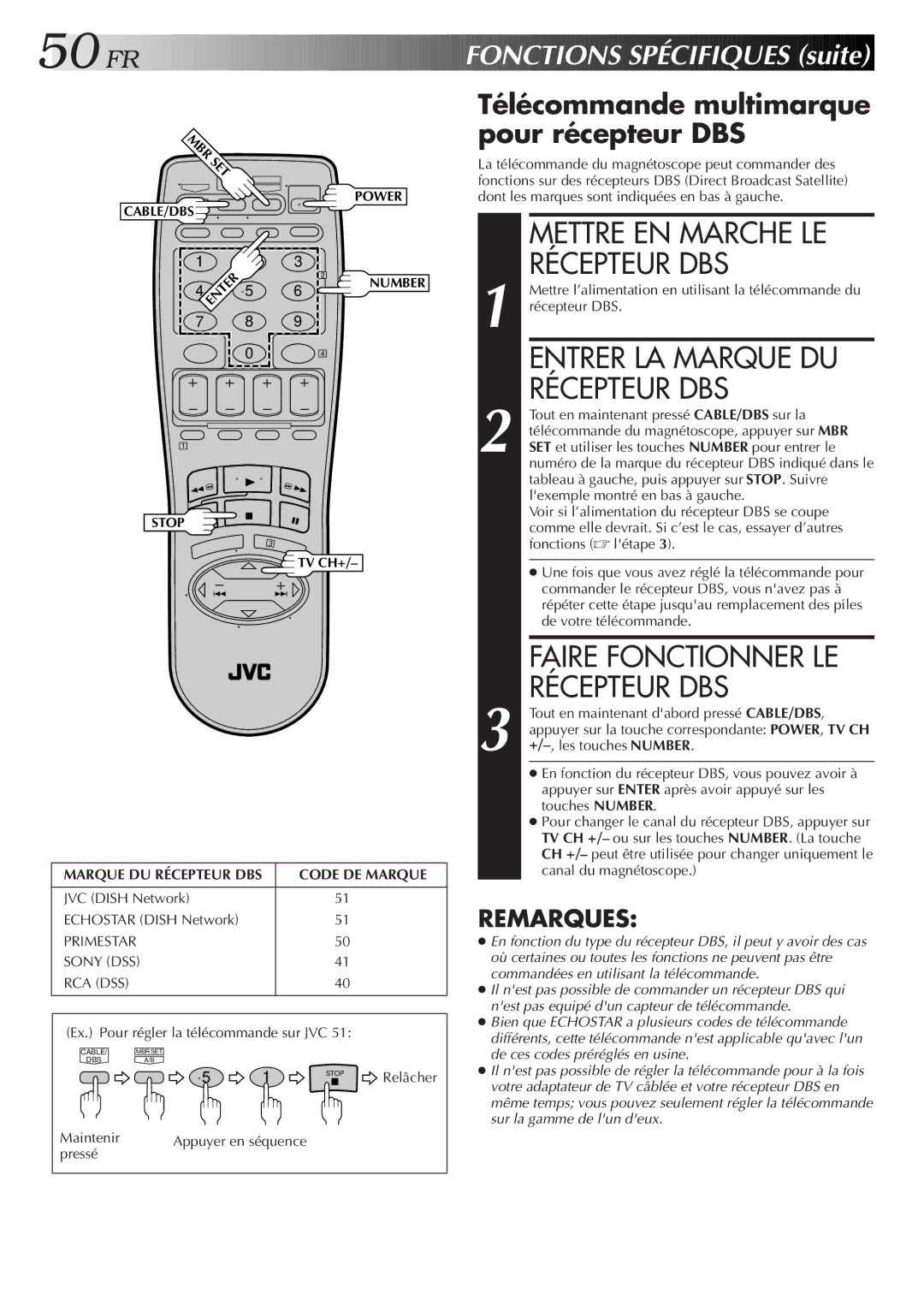 JVC HR-VP654U manual Récepteur DBS, Entrer LA Marque DU, FR Fonct Ions Spécifiques suite 