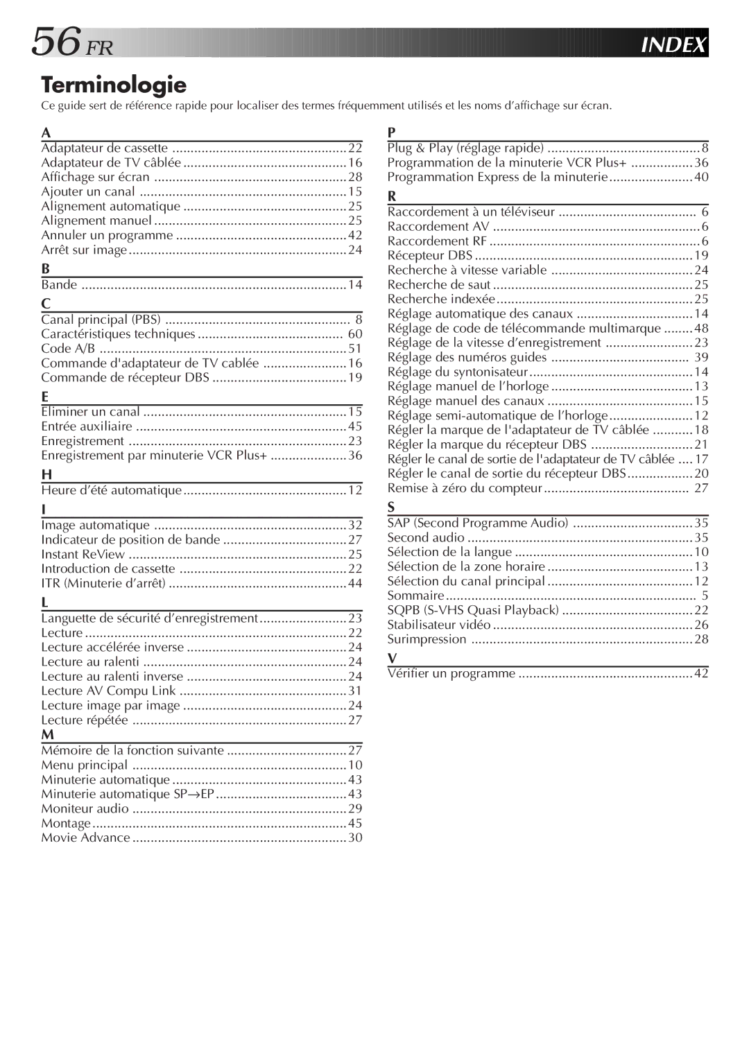 JVC HR-VP654U manual Terminologie, Index, Commande dadaptateur de TV cablée, Enregistrement par minuterie VCR Plus+ 