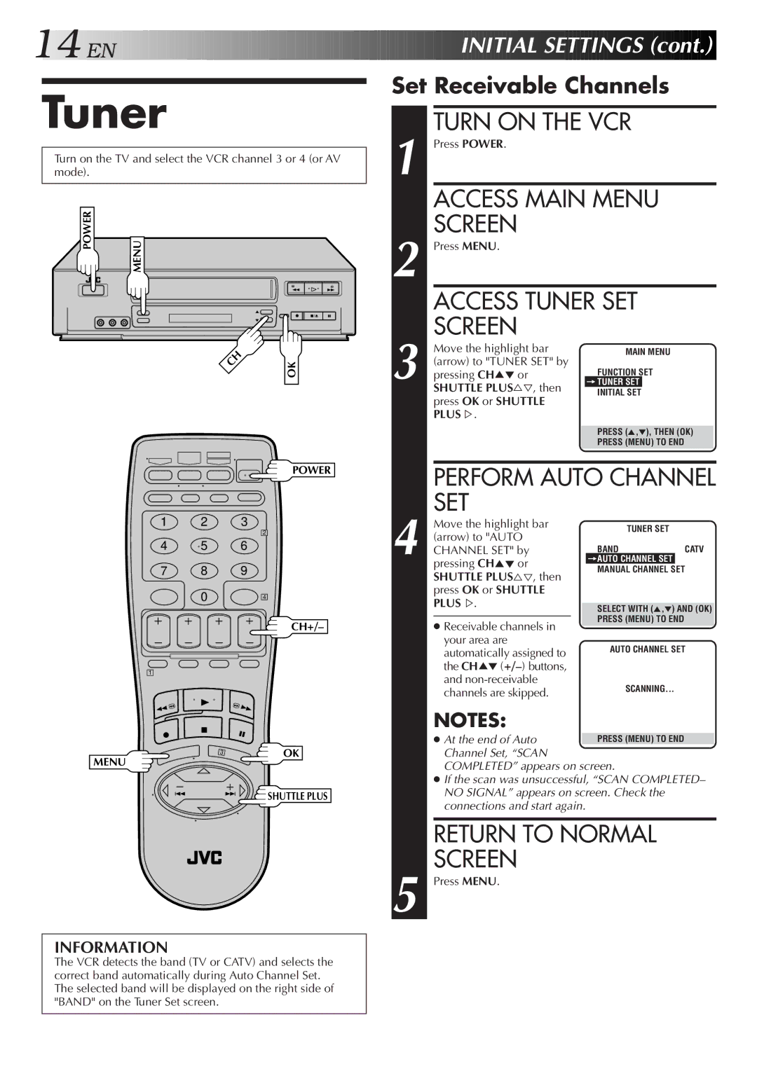 JVC HR-VP655U manual Access Main Menu Screen, Access Tuner SET Screen, Set Receivable Channels 