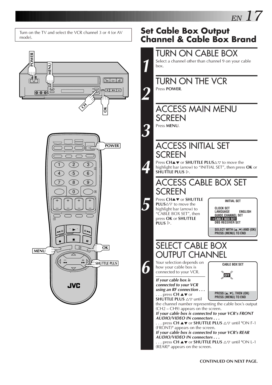 JVC HR-VP655U manual Turn on Cable BOX, Access Cable BOX SET, Select Cable BOX, Output Channel 