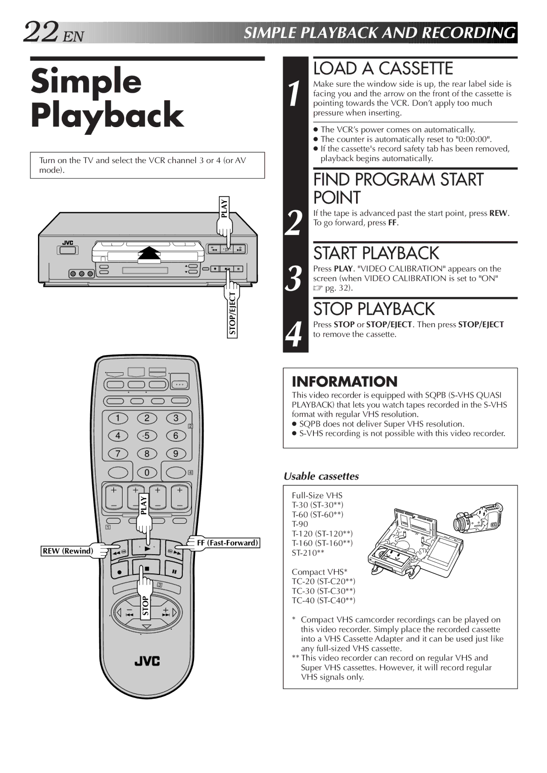 JVC HR-VP655U manual Simple Playback, Load a Cassette, Find Program Start Point, Start Playback, Stop Playback 