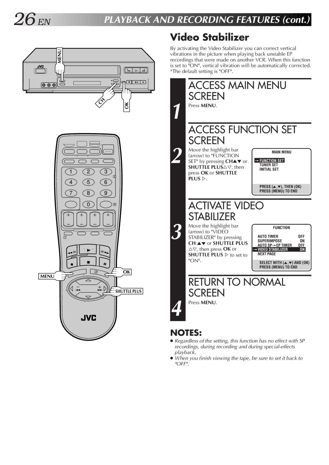 JVC HR-VP655U Activate Video Stabilizer, Layback and Recording Features, CH 5 or Shuttle Plus, Shuttle PLUS%to set to 