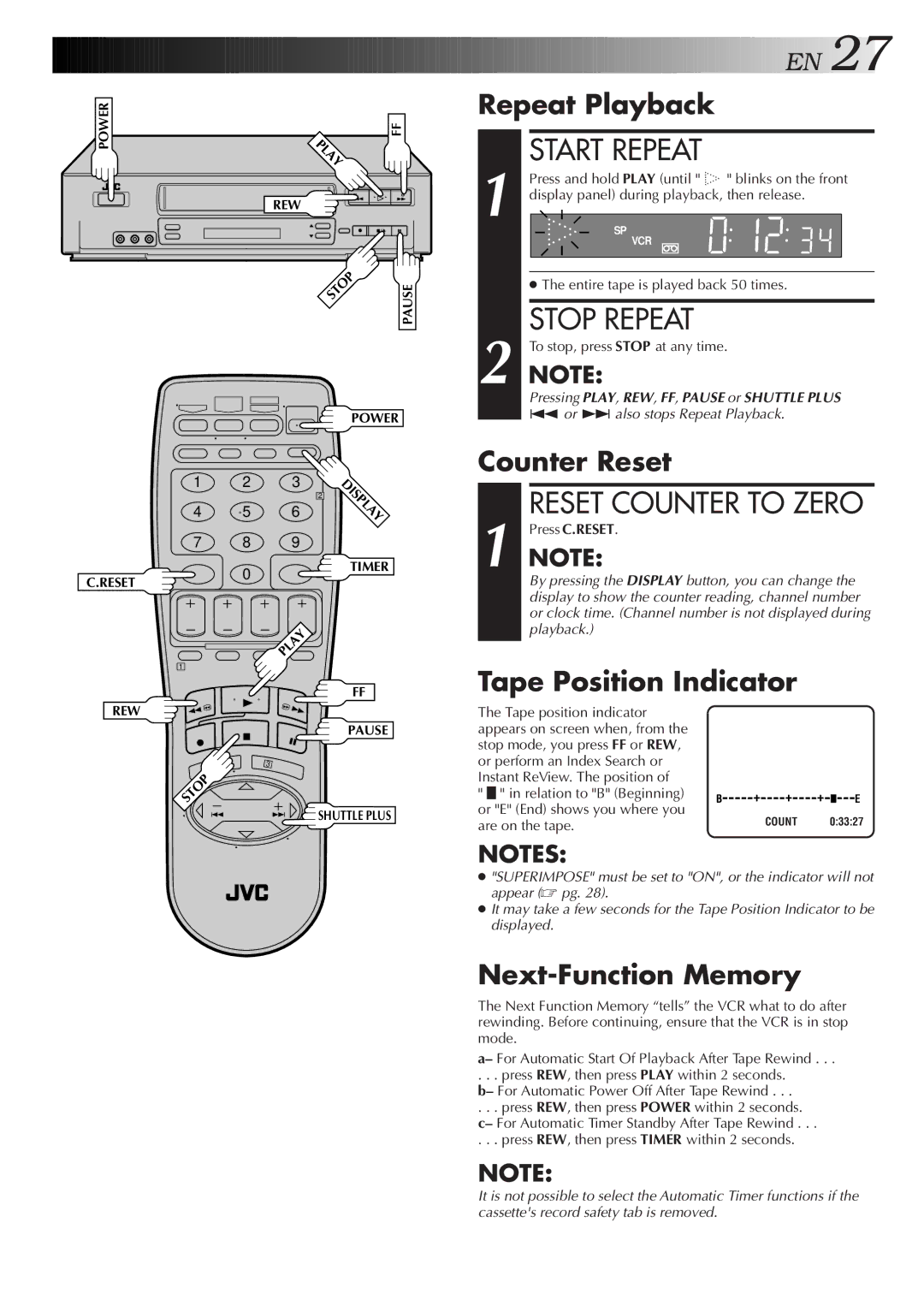 JVC HR-VP655U manual Start Repeat, Stop Repeat 