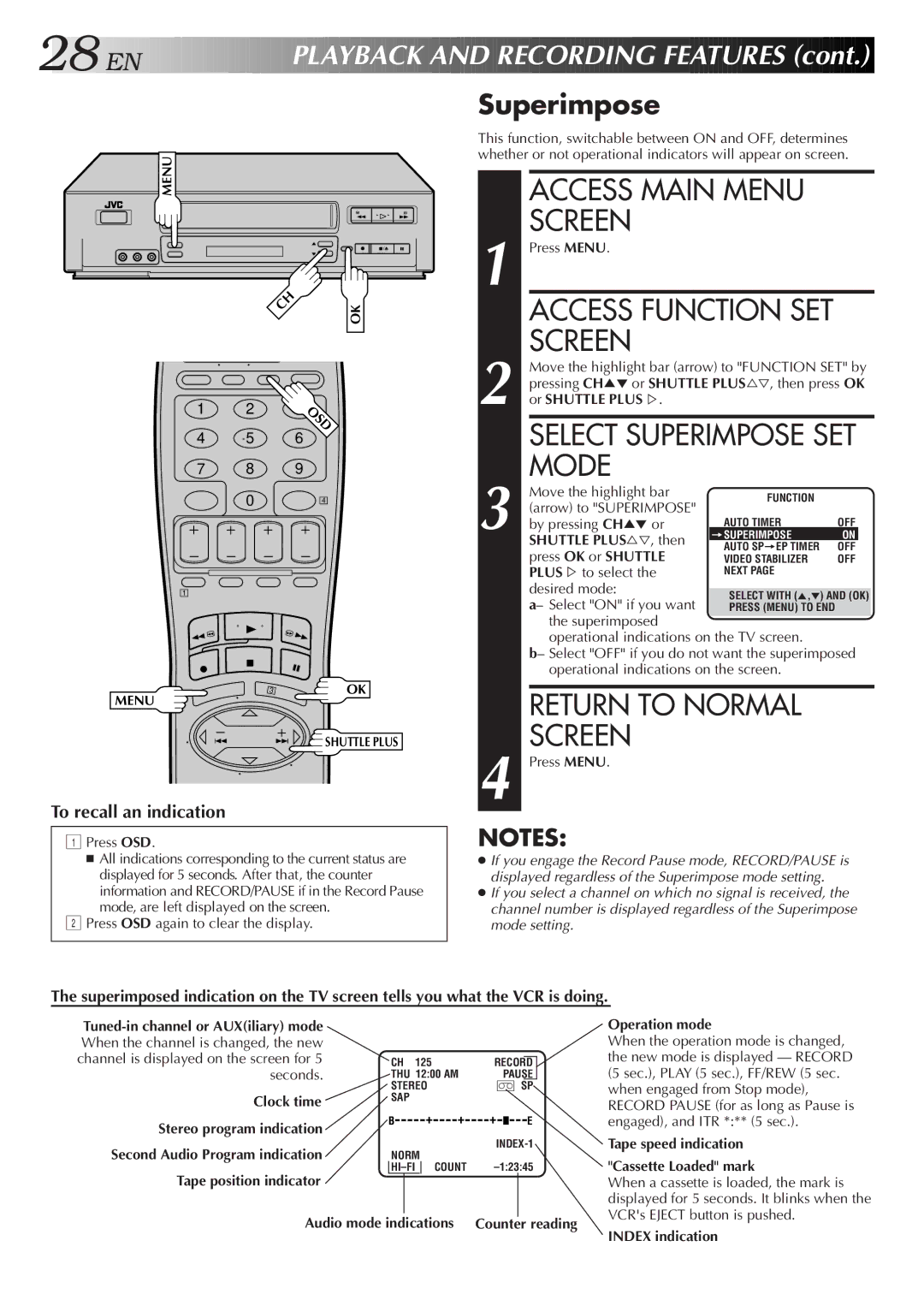 JVC HR-VP655U manual Mode, Superimpose 