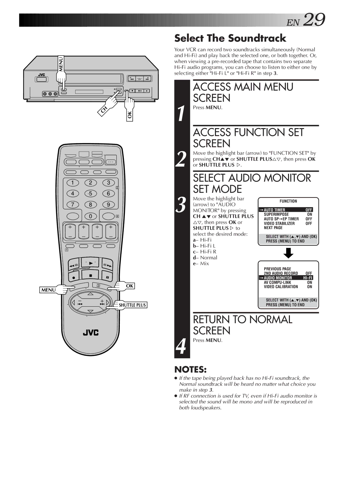 JVC HR-VP655U manual Access Function SET, Select Audio Monitor, SET Mode, Select The Soundtrack, Shuttle Plus % to 