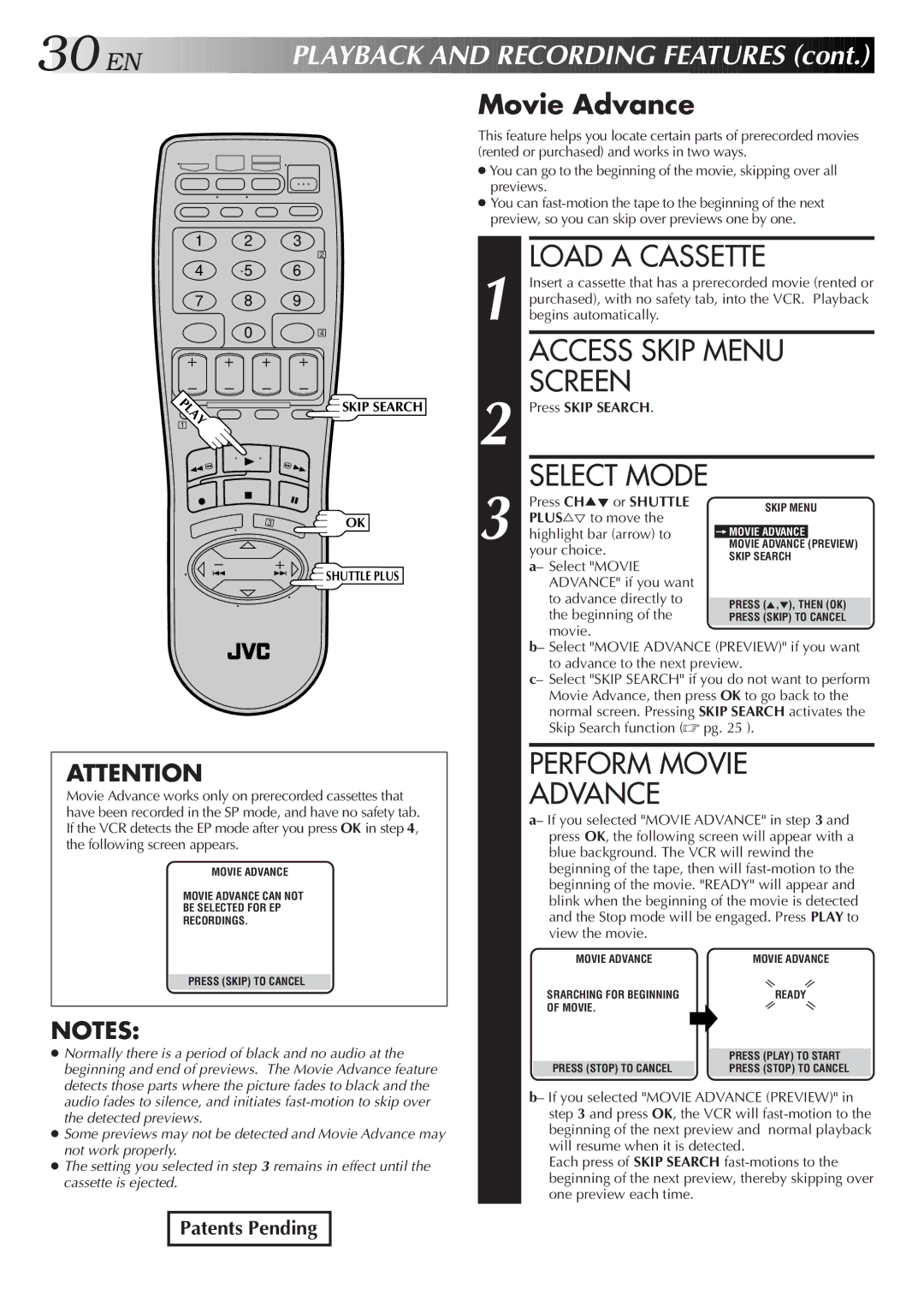 JVC HR-VP655U manual Access Skip Menu Screen, Select Mode, Perform Movie Advance, Press Skip Search 