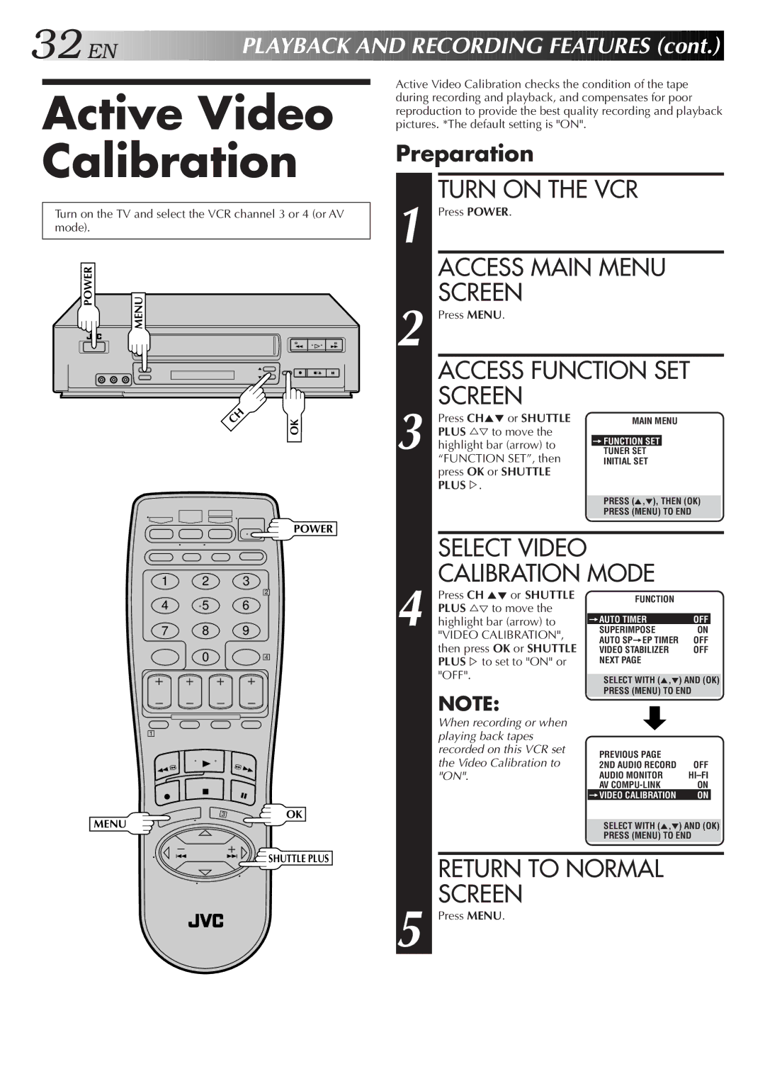 JVC HR-VP655U manual Active Video Calibration, Calibration Mode, Press CH 5 or Shuttle 