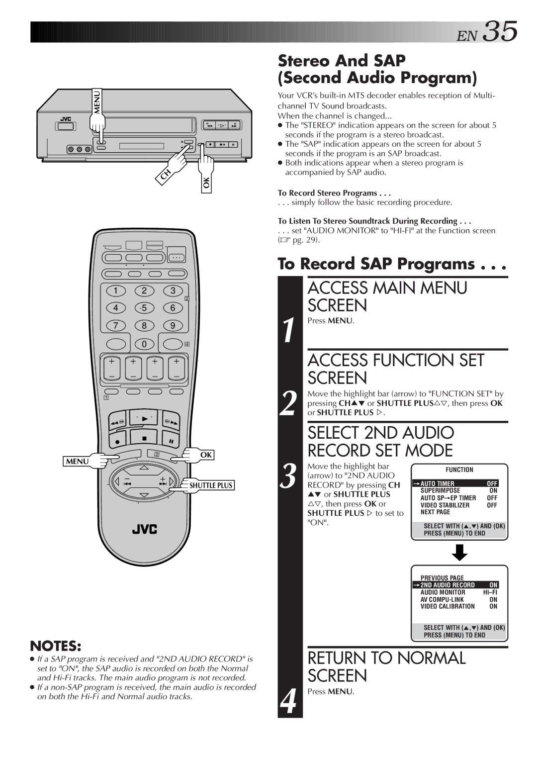 JVC HR-VP655U manual Stereo And SAP Second Audio Program, To Record SAP Programs 